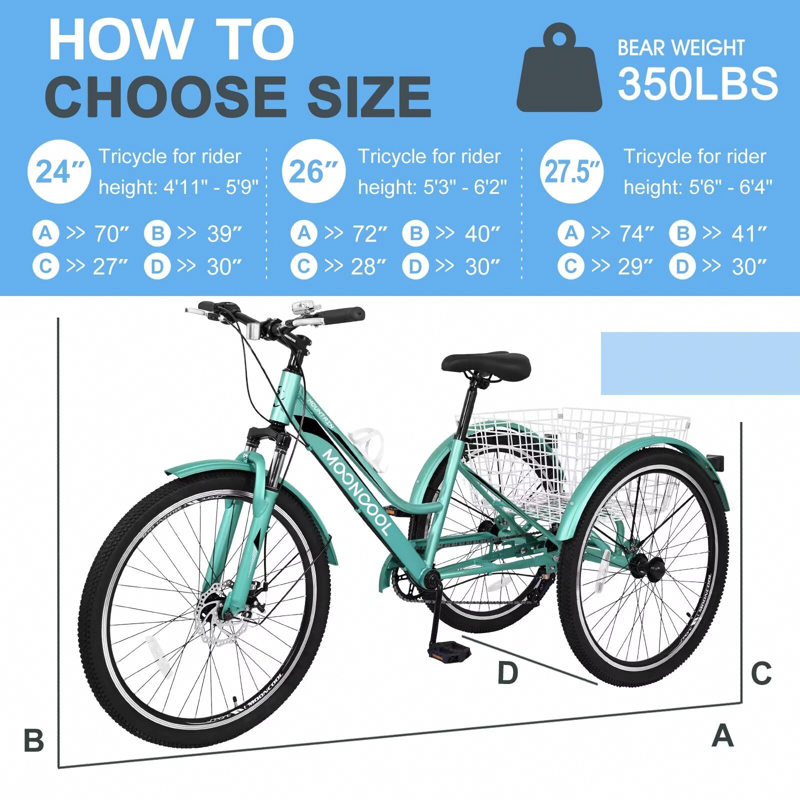 MOPHOTO Adult Mountain Tricycle 7-Speed Heavy Duty 3-Wheeled Bike with Large Storage Basket (26 in) 3qlsg