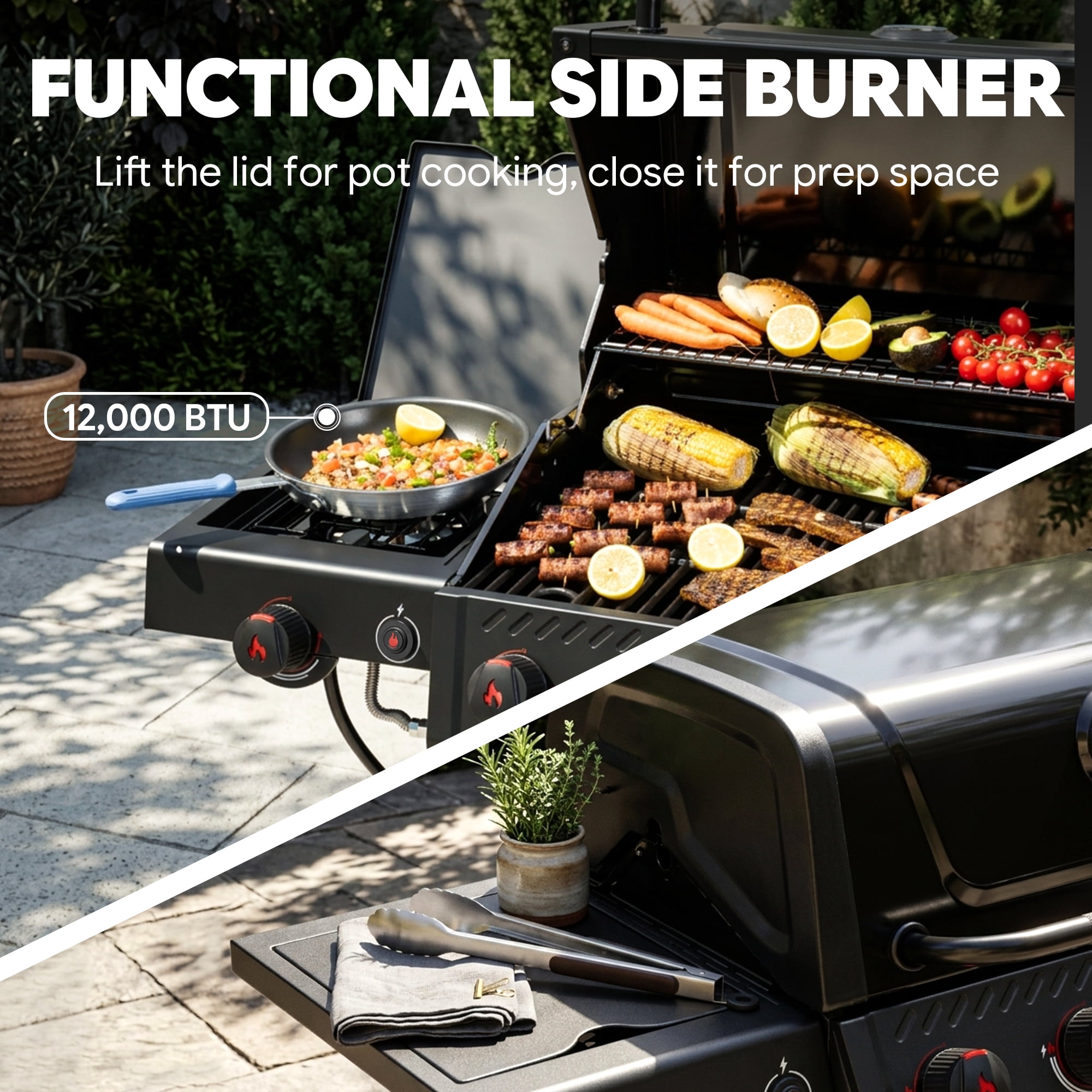 Feasto 4-Burner Propane Gas Grill with Side Sear Burner, Outdoor Cooking Station with Cabinet Storage (Black, 563 Sq.In.) kqswc