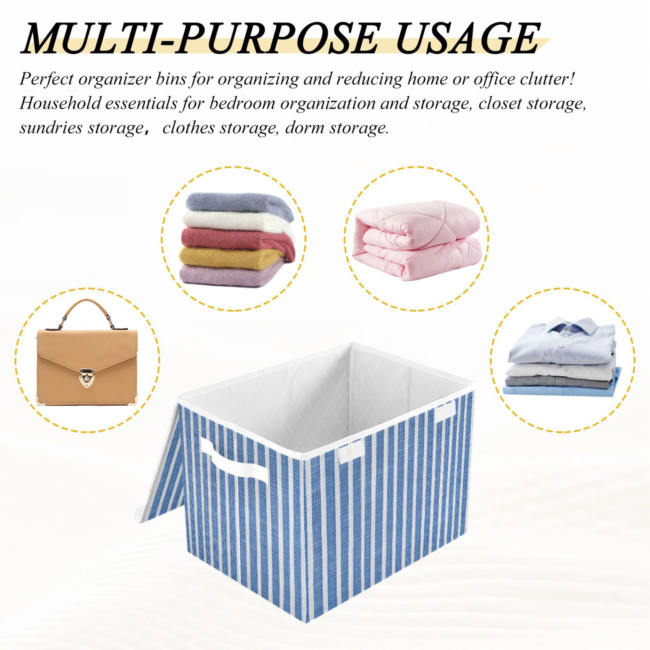 Booyaa Striped Fabric Storage Bin with Lid and Handles (Blue and White, 16.5 x 12.6 x 11.8 in) uyxy8