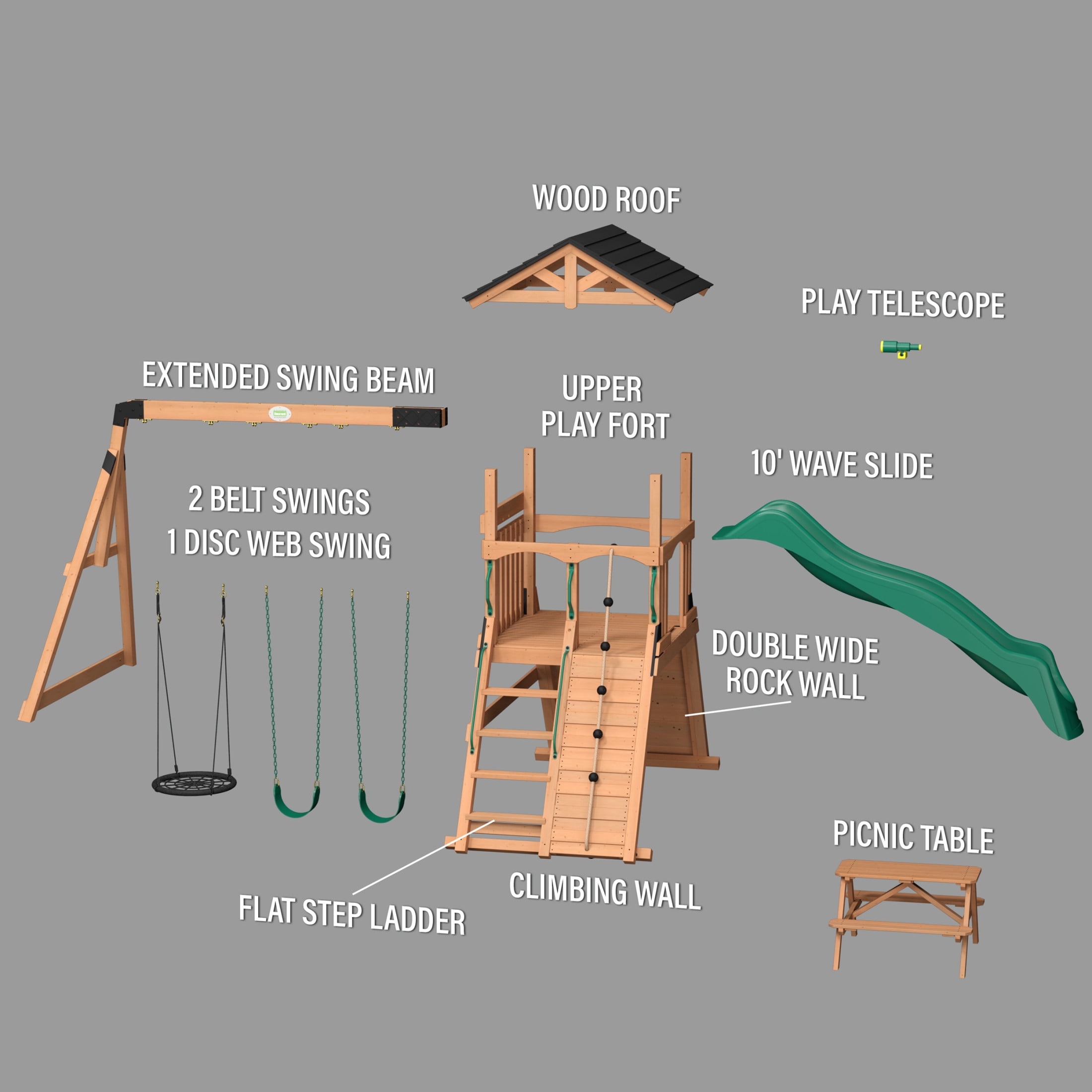 Backyard Discovery Endeavor II Cedar Wood Swing Set with Slide, Play Deck, and Double Rock Wall (Light Brown) cb9zs