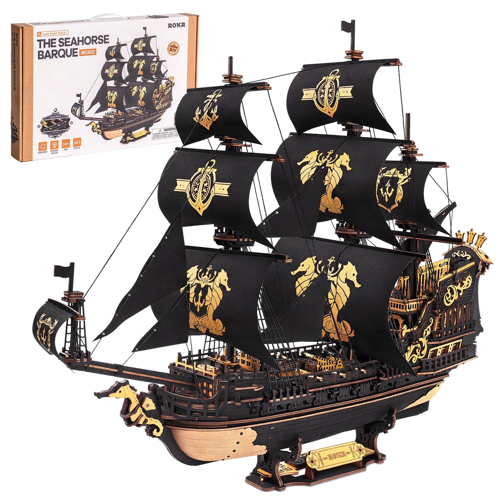 Robotime Wooden 3D Puzzle The Seahorse Barque Mechanical Model Kit (Black and Gold, 603 Pieces) 3snf6