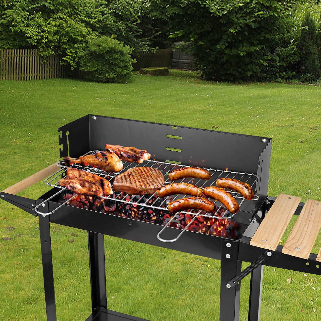 Linsen-outdoors Stainless Steel Charcoal Grill with Wheels, Portable Outdoor BBQ Grill for Backyard and Patio (Black, 30 in x 18 in) hktfj