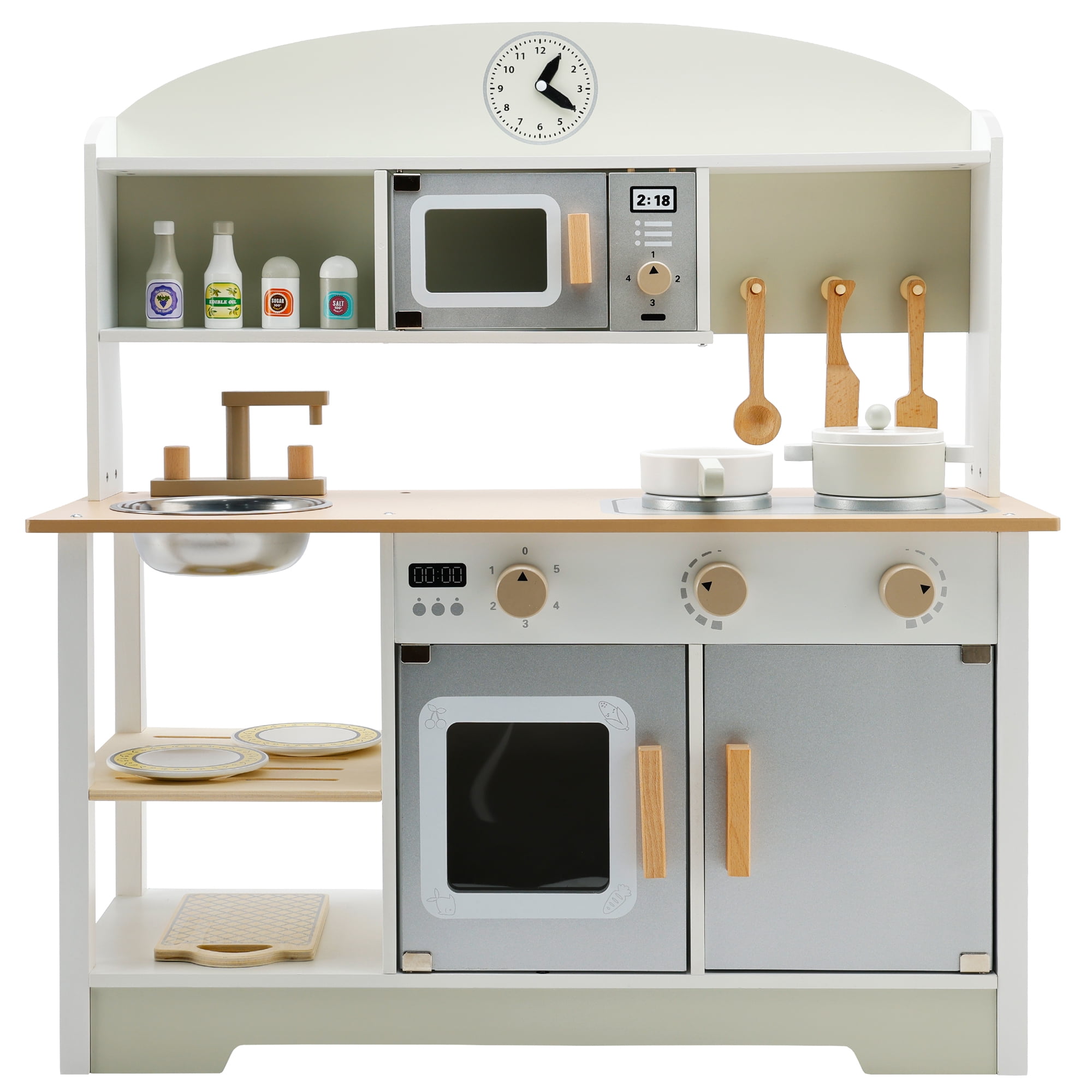 Bruce & Shark Kids Wooden Pretend Play Kitchen Set with Microwave, Sink, and Cookware Accessories (White, 28.35 x 26.77 x 10.24 in) zopix