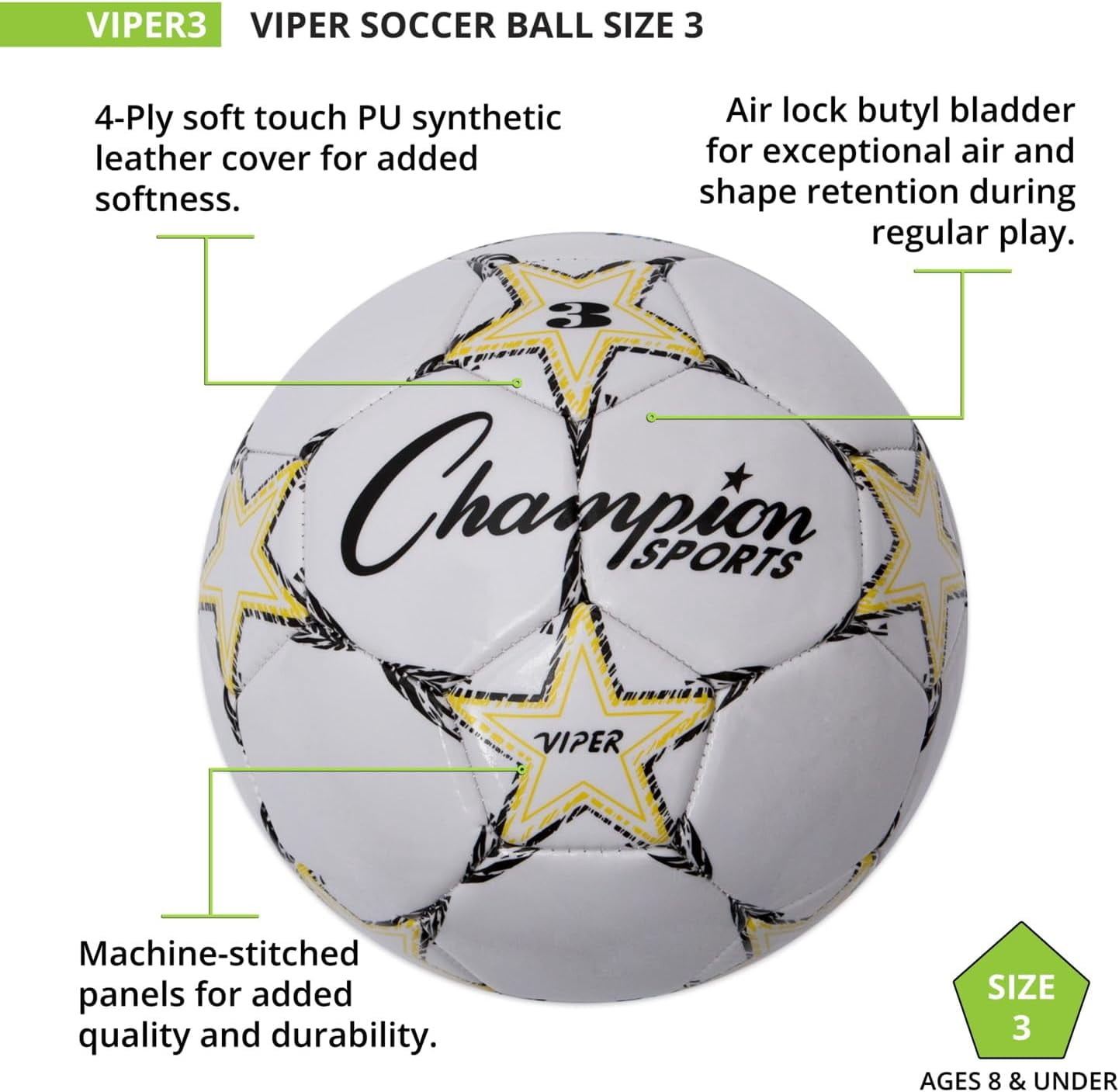 Champion Sports Viper Soccer Ball (White, Size 4) viuc9