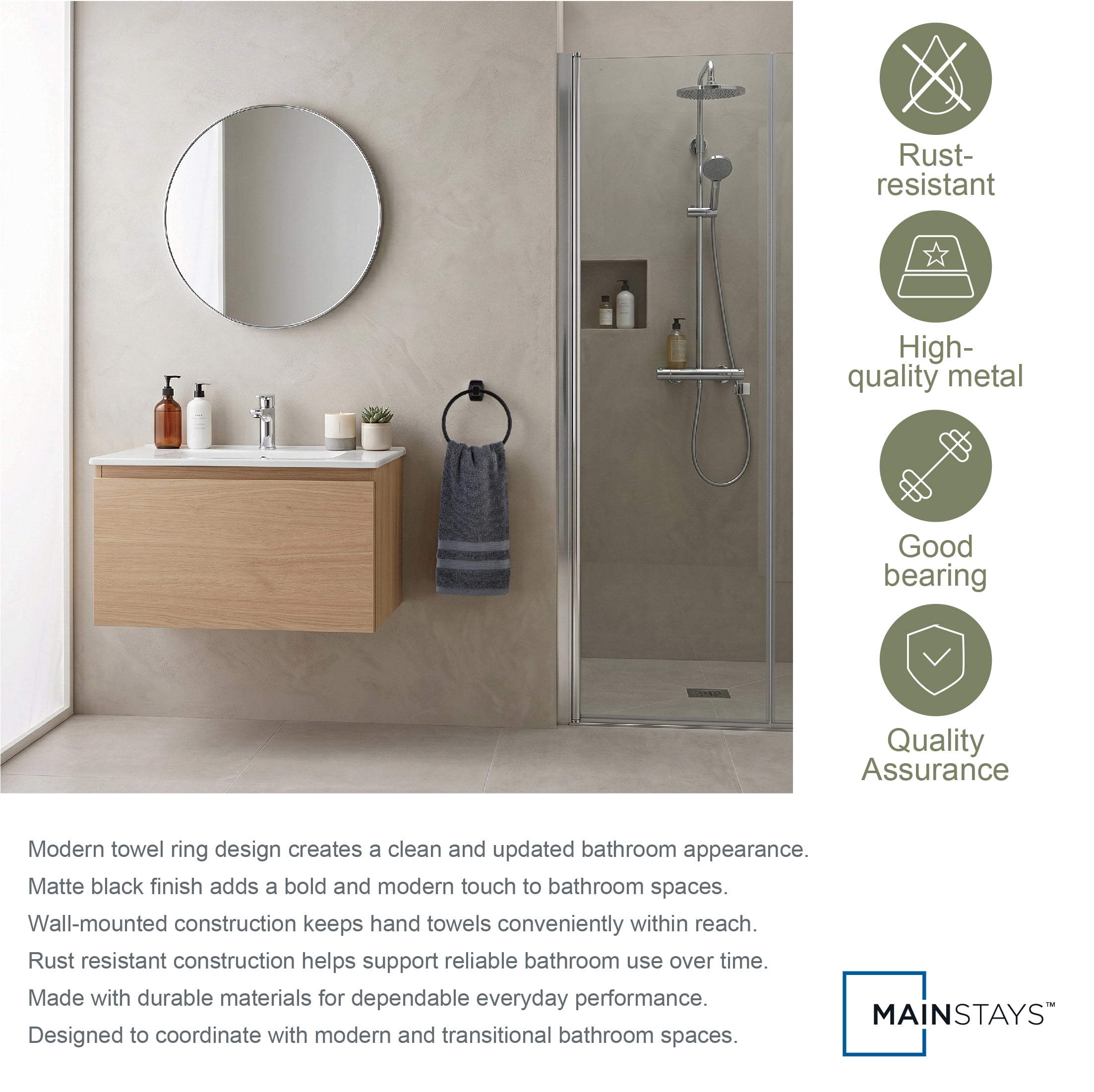 Mainstays Square Wall Mount Towel Ring (Matte Black, 6.14 in x 7.09 in x 2.16 in) qta23