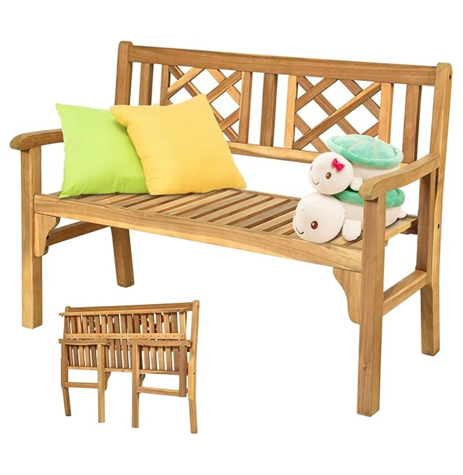 HJXWALHJX Folding Patio Garden Bench, 2-Person Outdoor Wood Porch Loveseat with Slatted Seat and Armrest (4 ft) kai4b