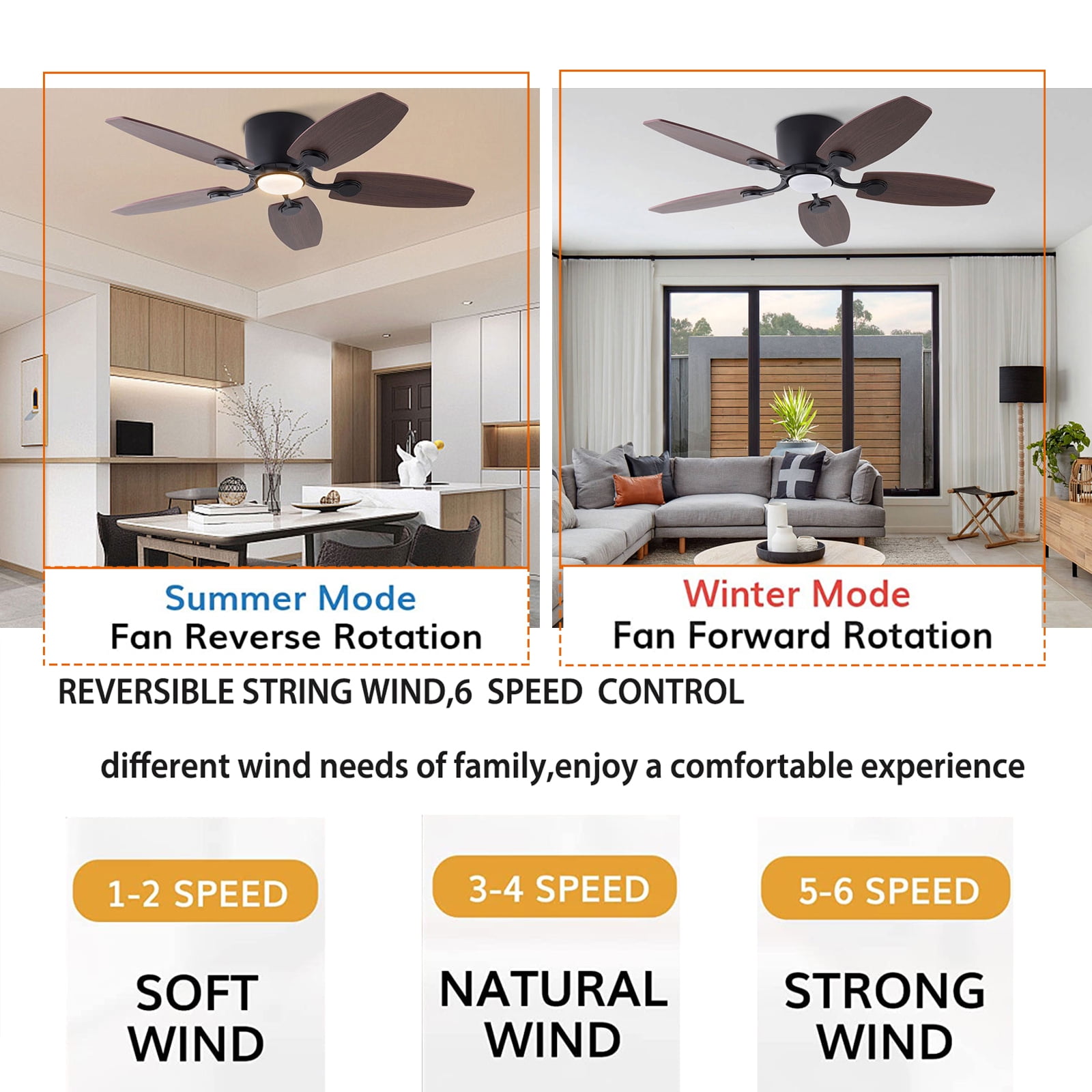 TOOL1SHOoo 42 in Farmhouse Flush Mount Reversible Ceiling Fan with LED Light and Remote Control (Brown, 42 in) gox3c