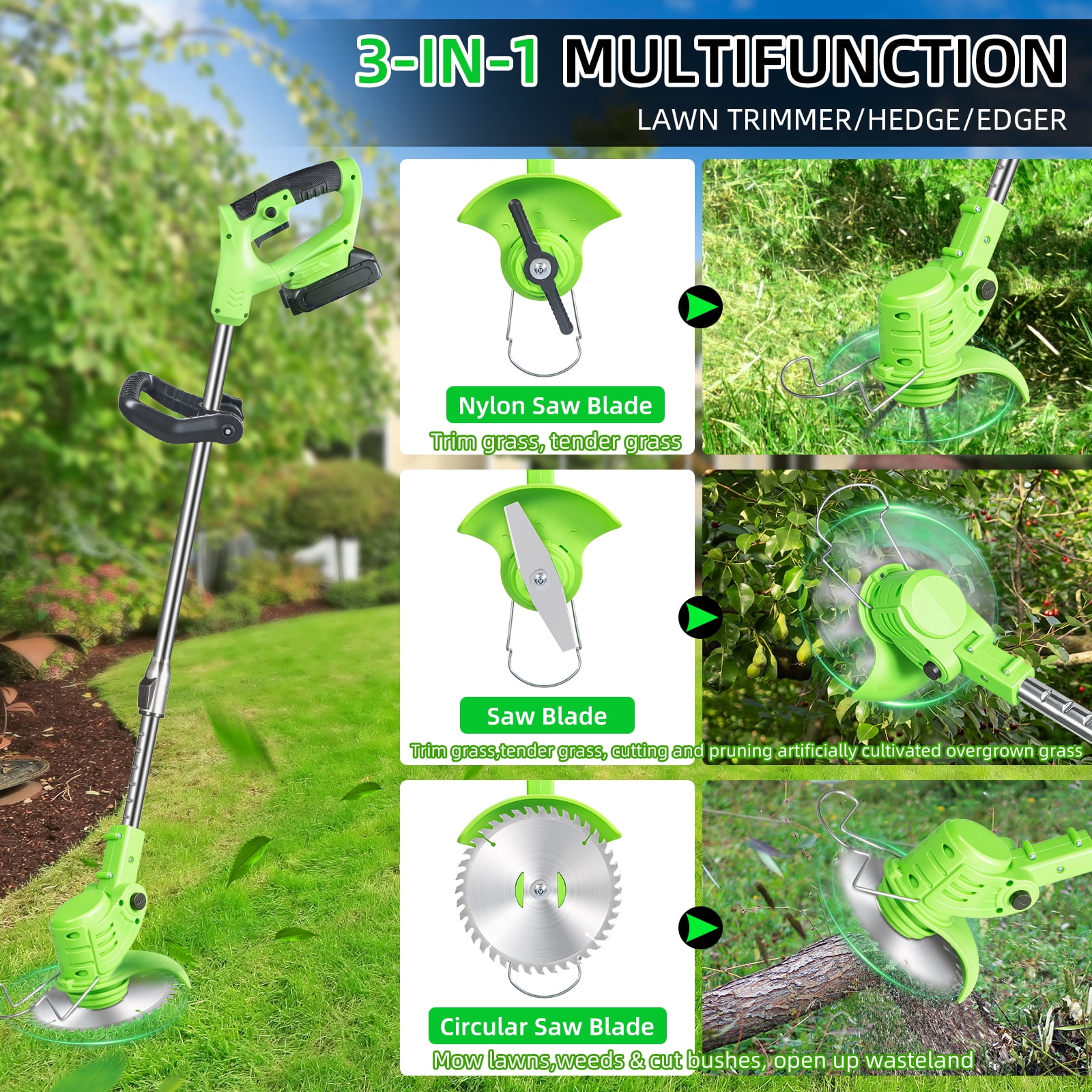 Paddsun Electric Cordless Lawn Trimmer, 21V Weed Wacker with Wheels and Adjustable Handle (Green, 47.2 in) mnmji