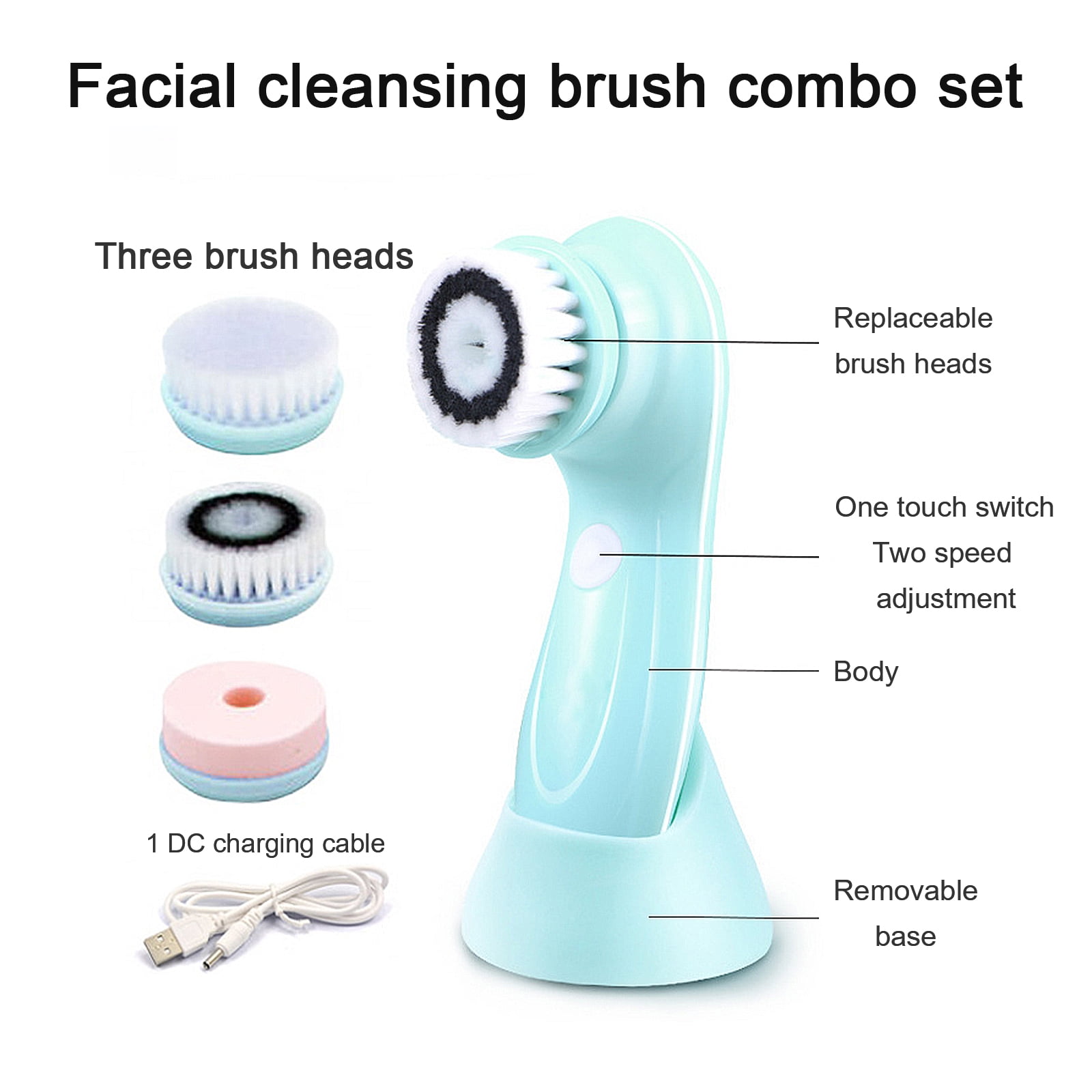 ZOUYUE Electric Facial Cleansing Brush System, Exfoliating Face Scrubber with 3 Rotating Heads for Deep Pore Cleaning (Blue, 1 Set) z3y8y