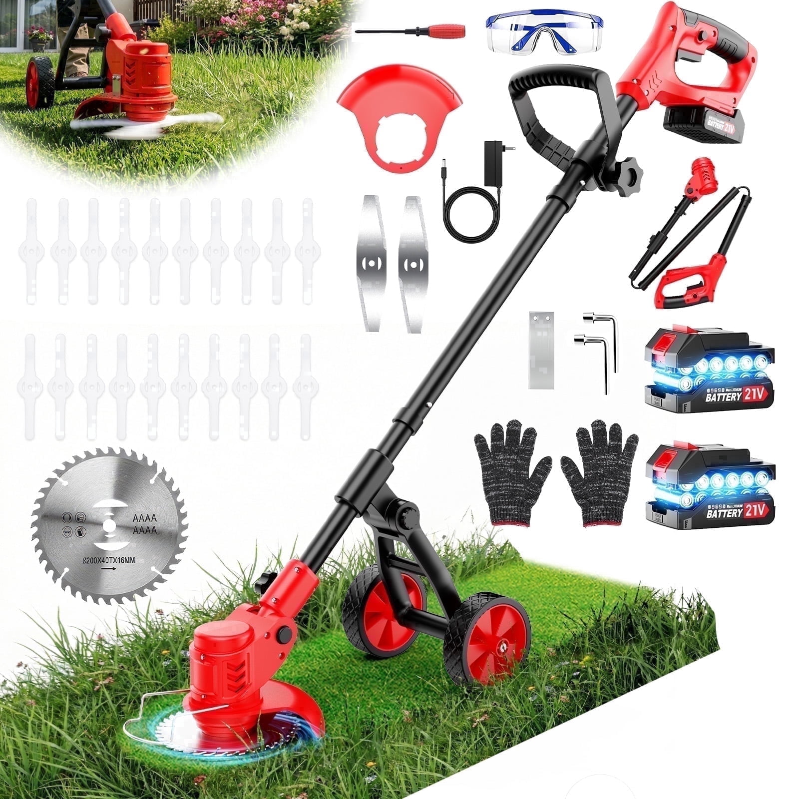 Tanbaby Cordless Weed Wacker and String Trimmer with 3-Blade System (Red, 6 in) f7m2x