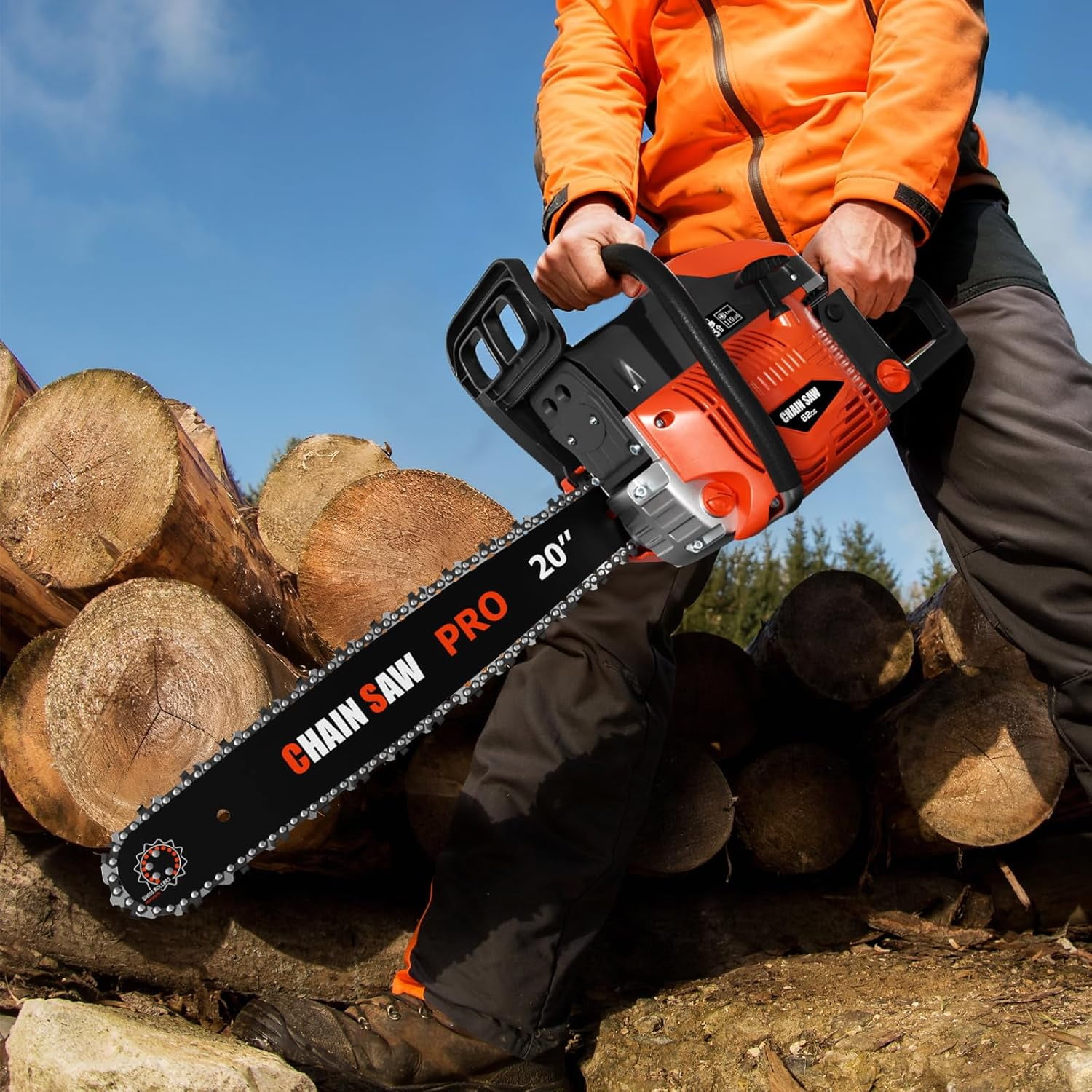Datingday 62cc Gas Chainsaw, 3.5HP Professional Handheld Power Tool with Anti-Vibration & Quick-Stop Brake (Orange, 14 lb) 2sgpy