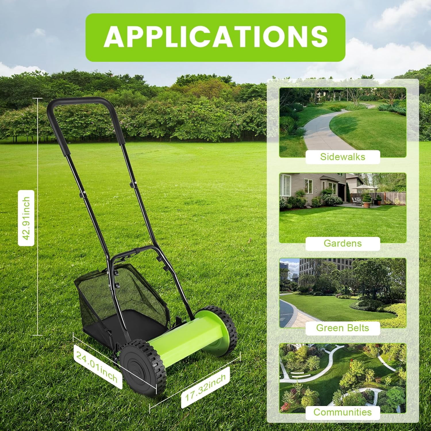 Generic Manual Lawn Mower Push Reel Grass Cutter with Adjustable Height and Collection Bag (Green, 12 in) lfryg
