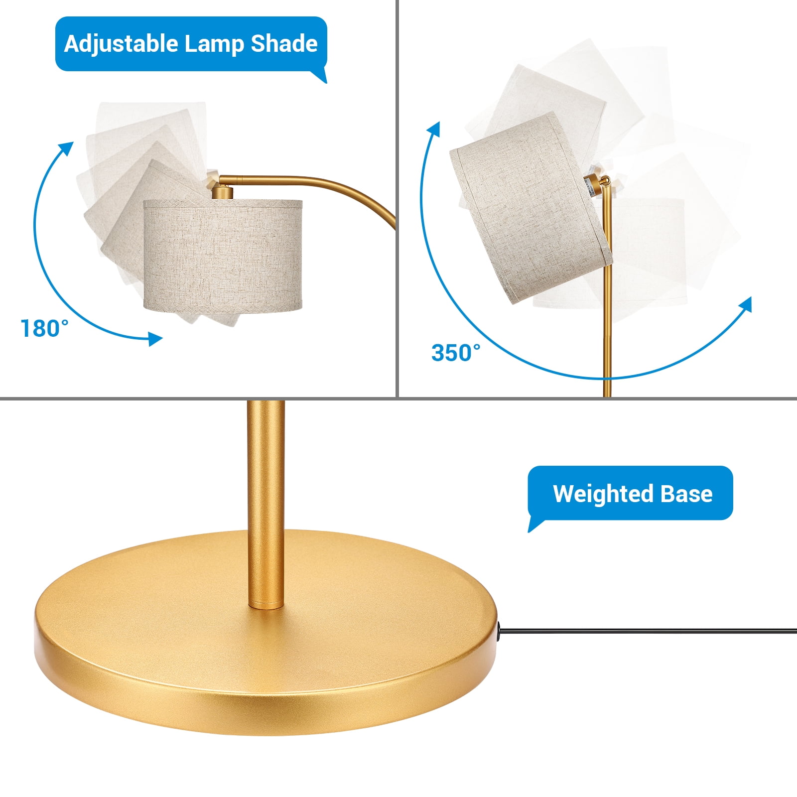 DEWENWILS Modern Arc Floor Lamp, Adjustable Gold Metal Standing Lamp with Foot Switch for Living Room and Bedroom (Gold, 63.4 in) 2eain