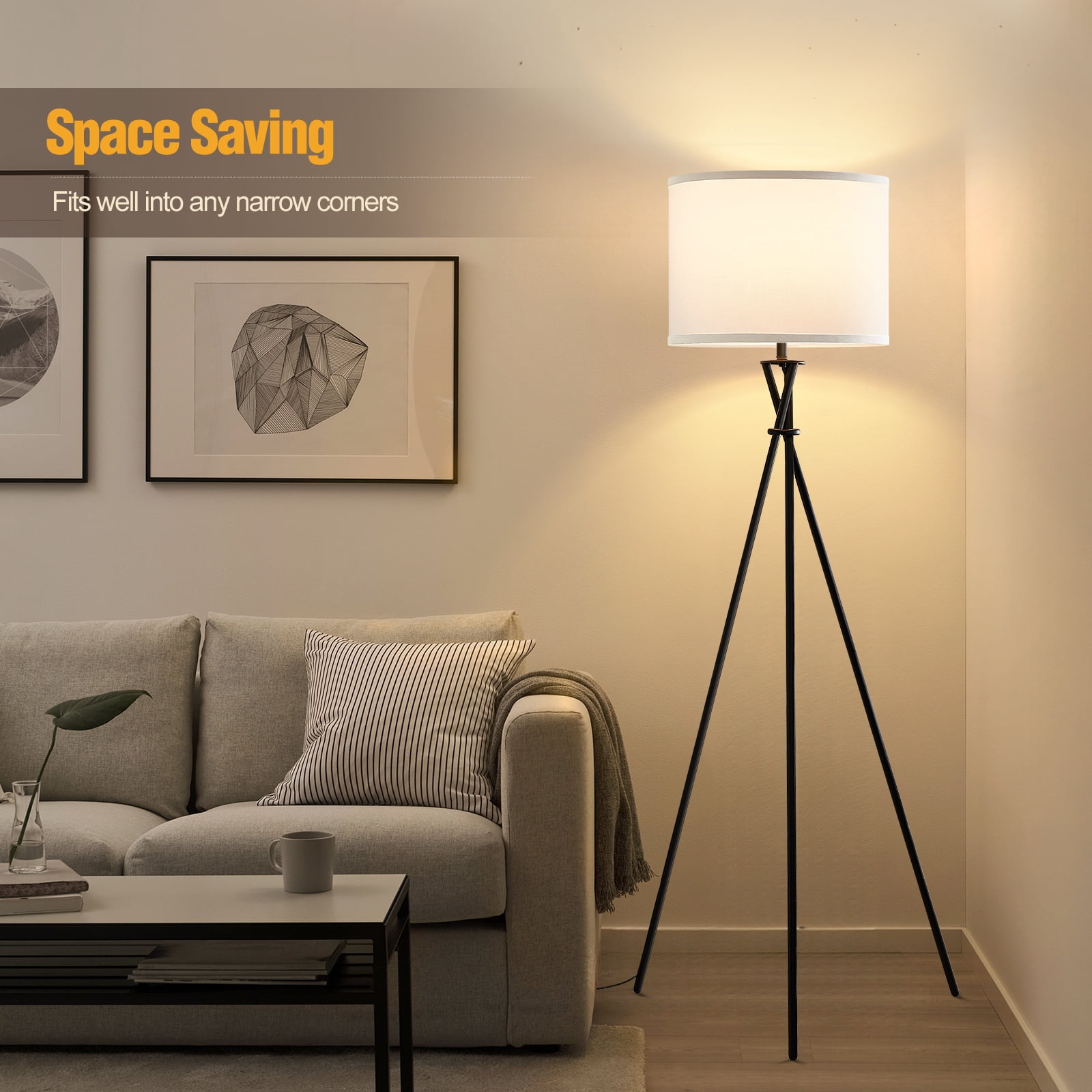 NATYSWAN Modern Tripod Floor Lamp for Living Room, Tall Standing Lamp with White Fabric Shade (Black, 61 in) 1e2dr