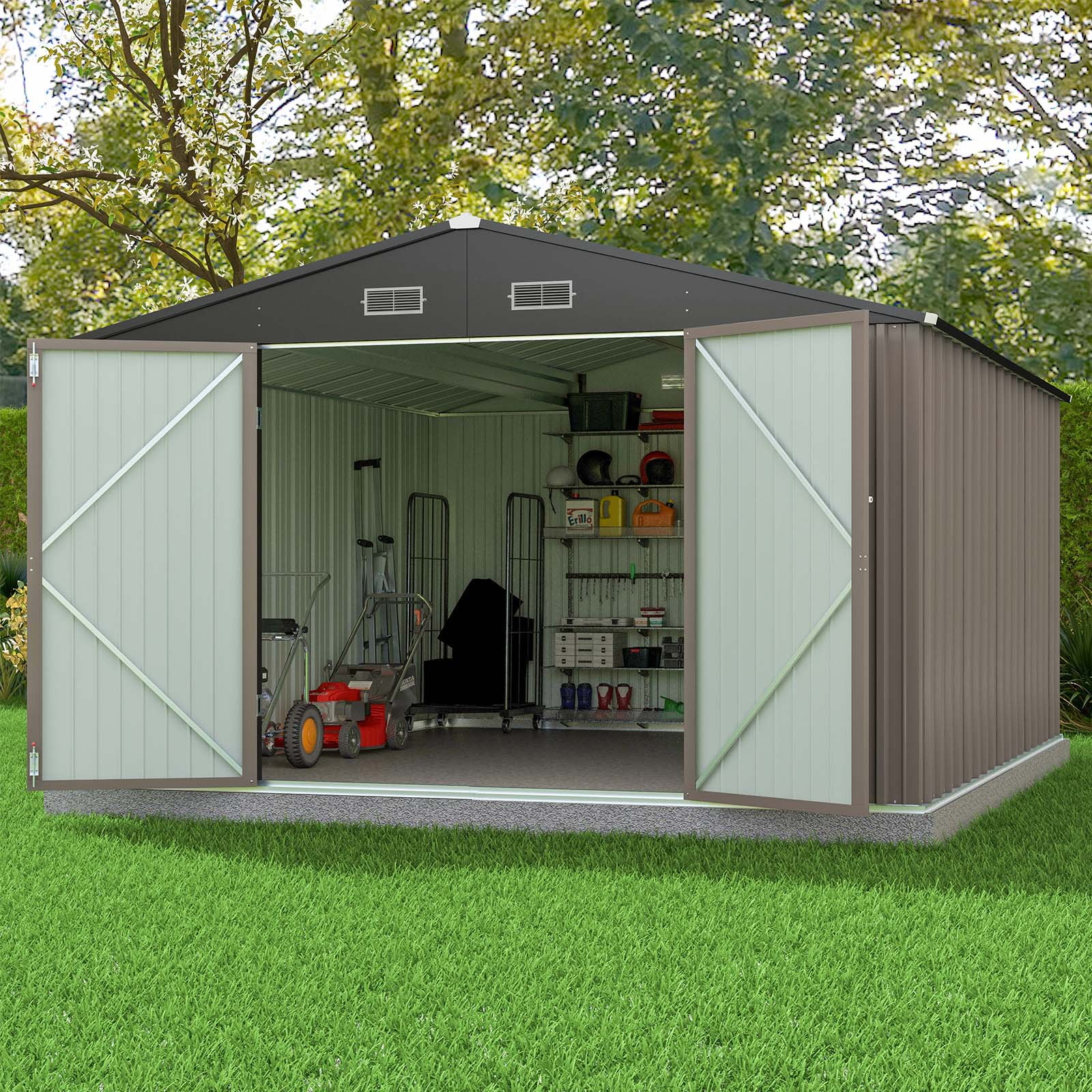 Patiowell Metal Outdoor Storage Shed, Weather-Resistant Garden Tool Organizer with Lockable Double Doors (Brown, 10x12 ft) la605