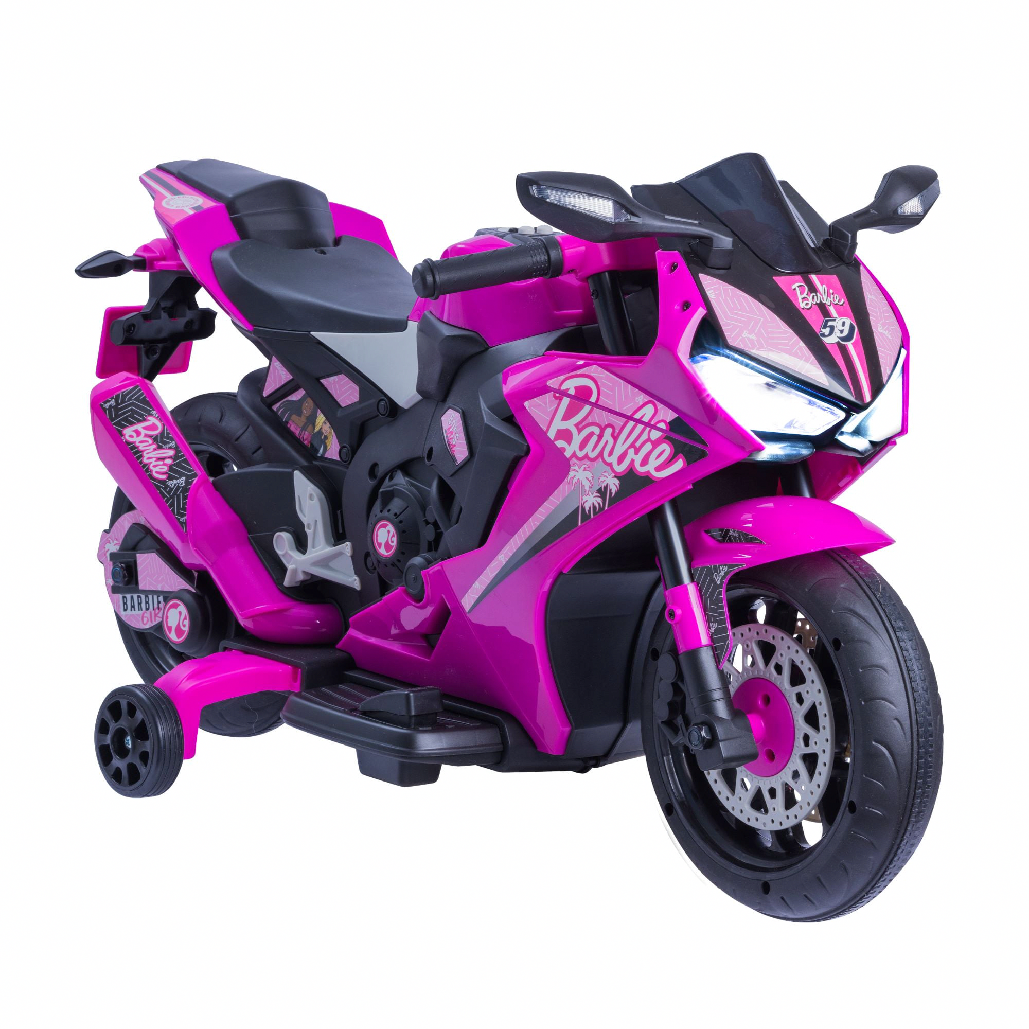 Barbie 6V Electric Motorcycle Ride-On Toy with Training Wheels (Pink, 65 lb Capacity) qed66