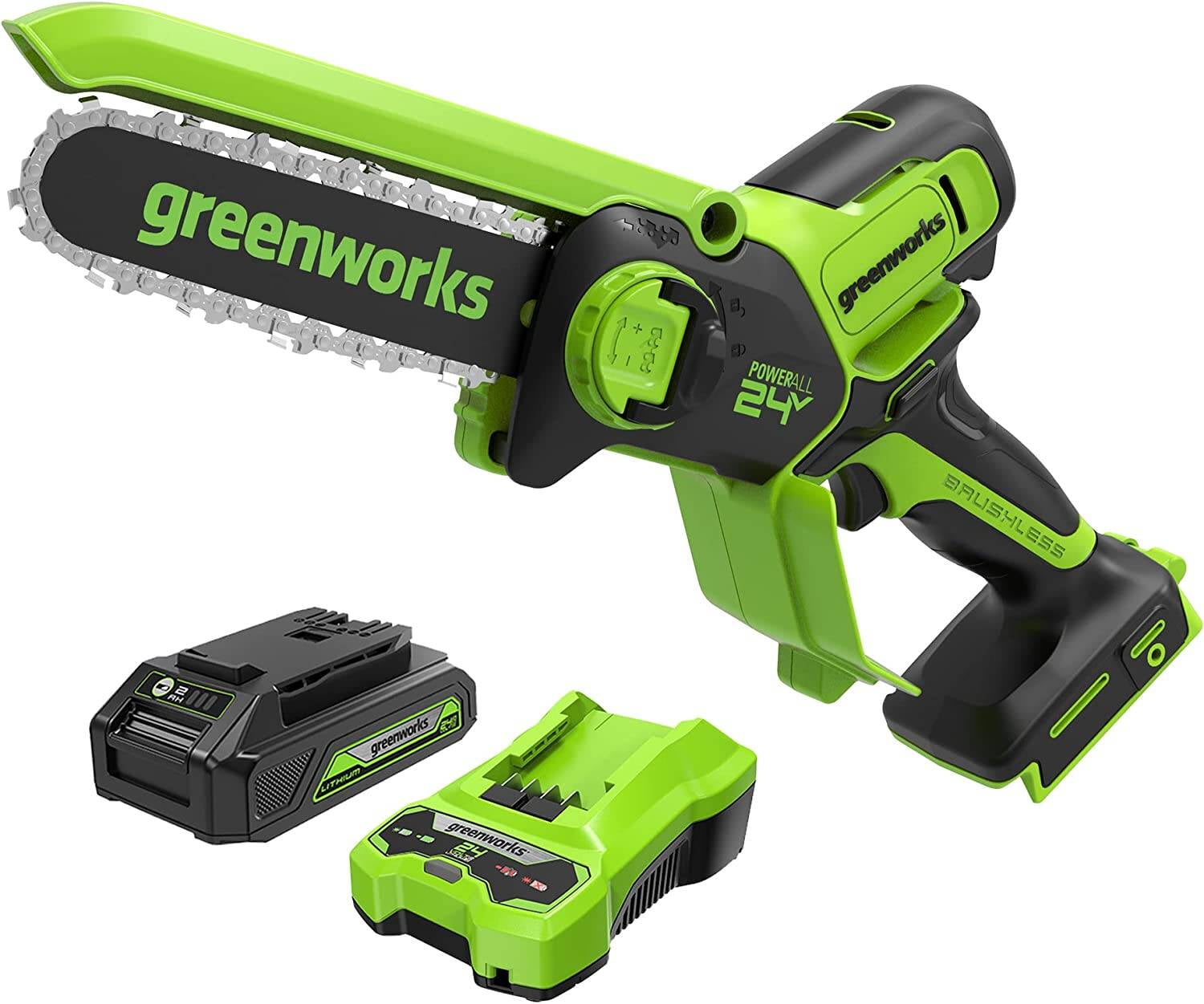 Greenworks 24V 6 in Brushless Cordless Pruner Chain Saw with 2.0Ah Battery and Charger (Green, 3.4 lb) icrxw