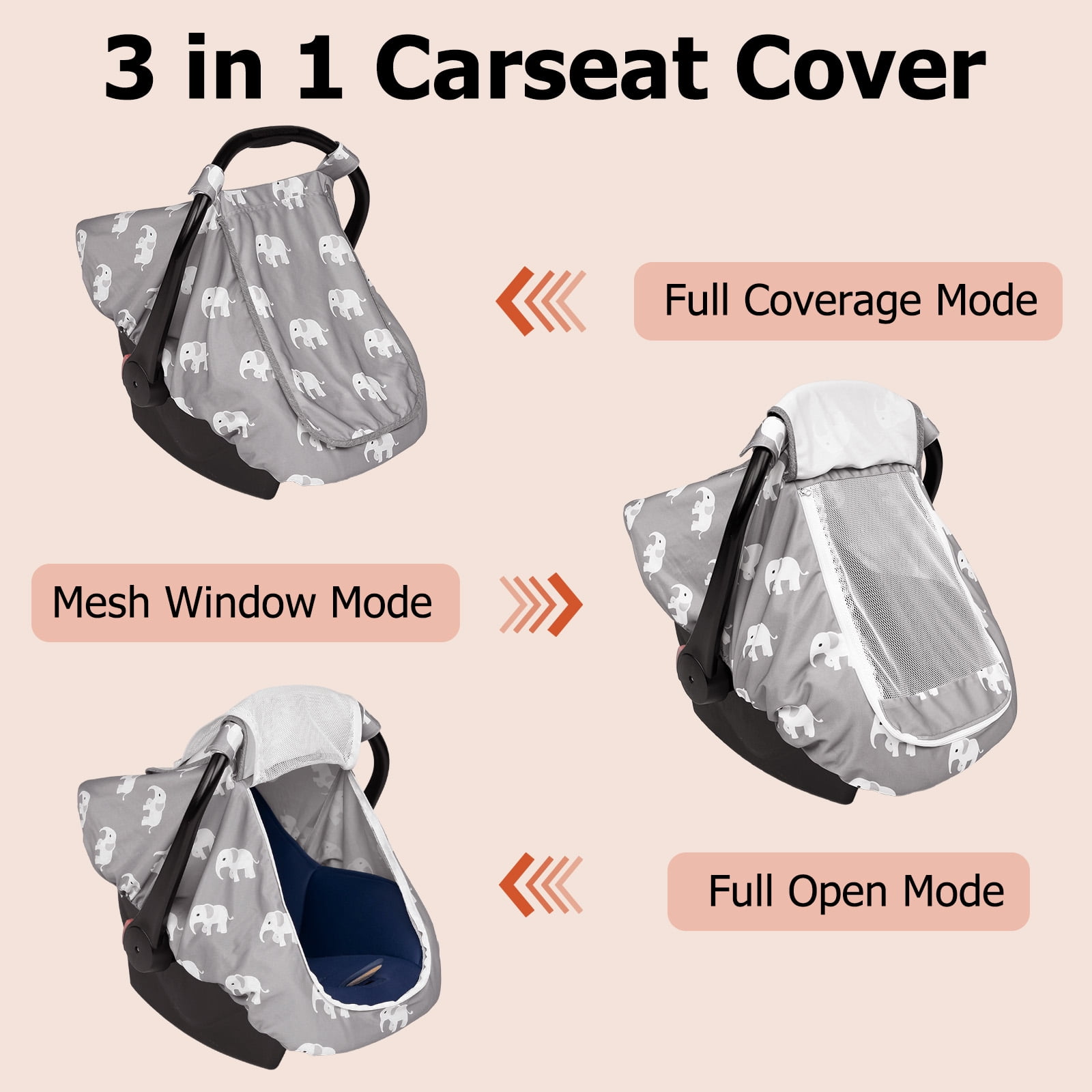 Beavtaens Stretchy Infant Car Seat Canopy with Breathable Peep Window (Elephants, Universal Fit) 23mzk