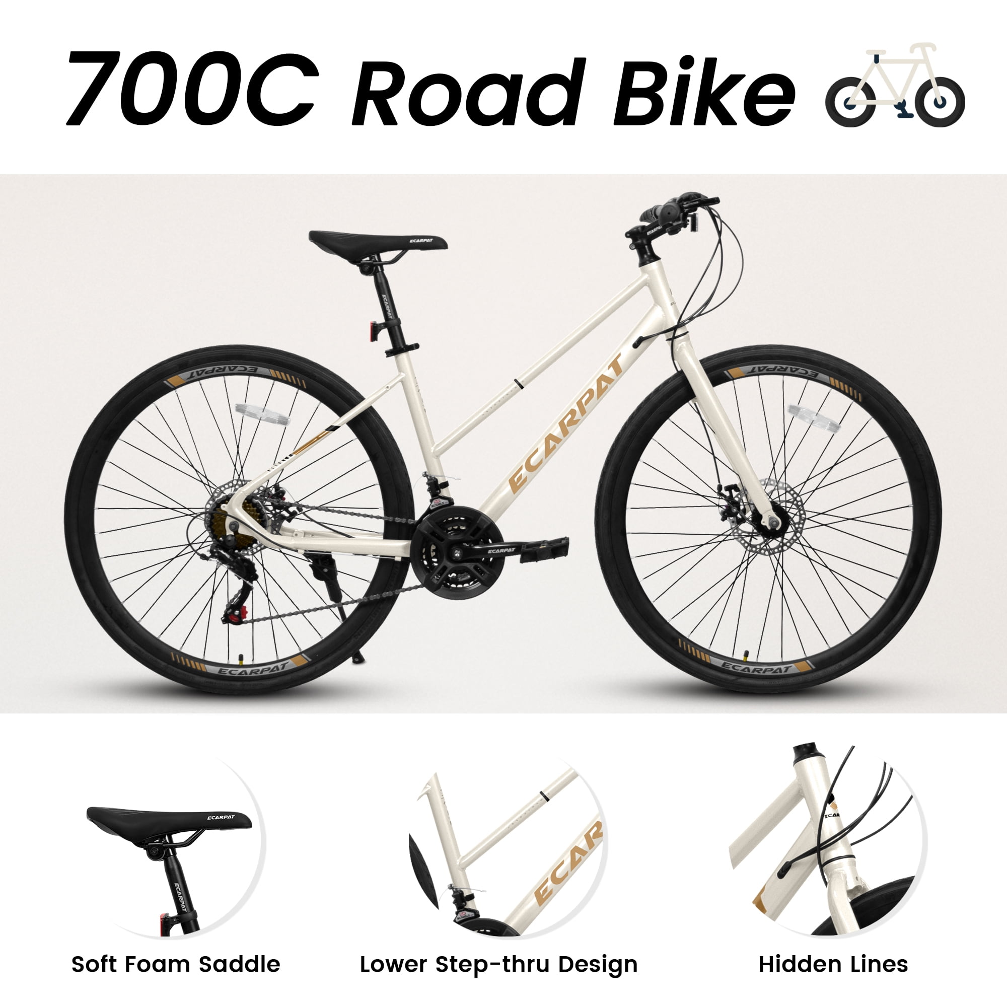 Ambifirner Women's Hybrid Road Bike, Lightweight Aluminum Step-Through Frame, 21-Speed Drivetrain (White, 700c) dk4fr