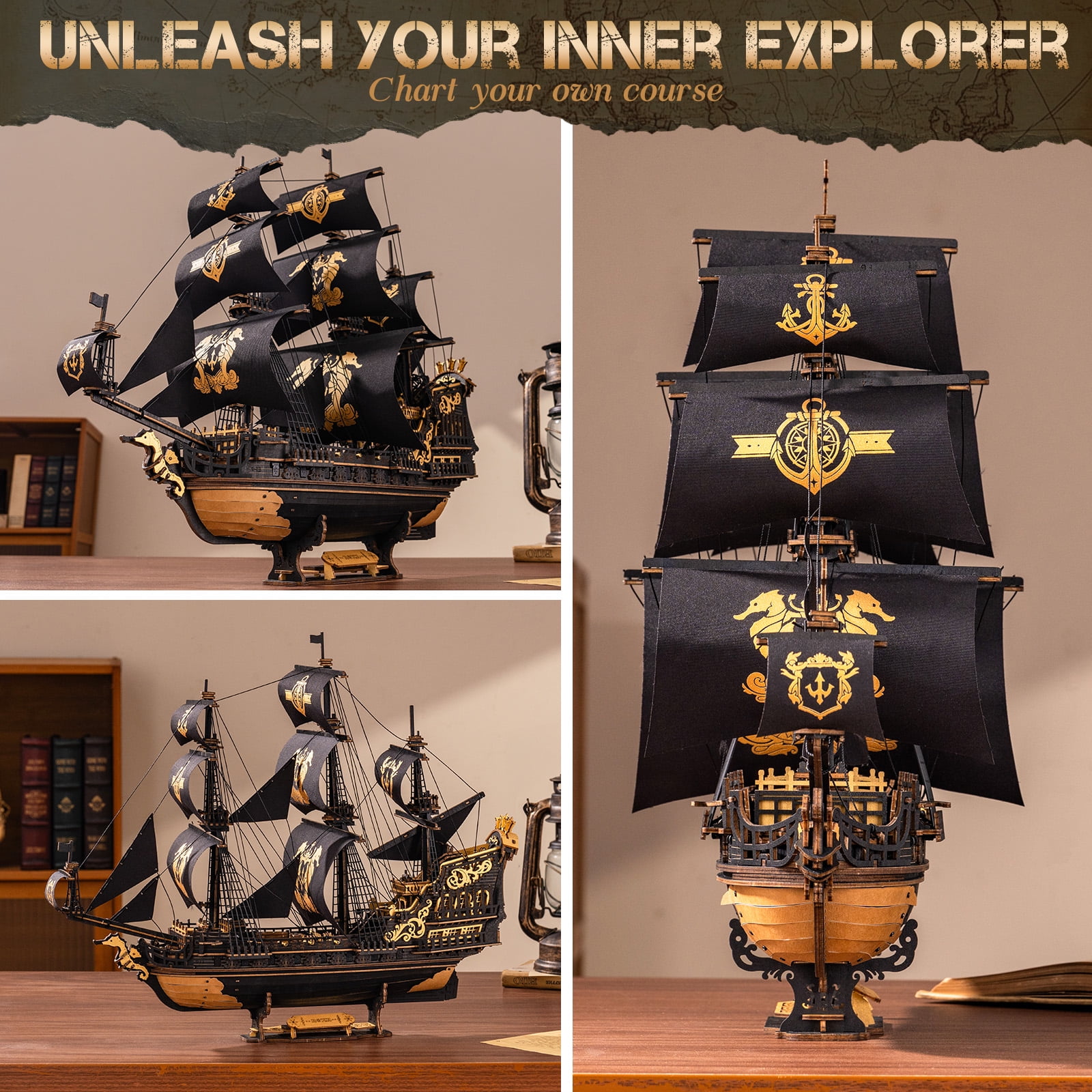 Robotime Wooden 3D Puzzle The Seahorse Barque Mechanical Model Kit (Black and Gold, 603 Pieces) 3snf6