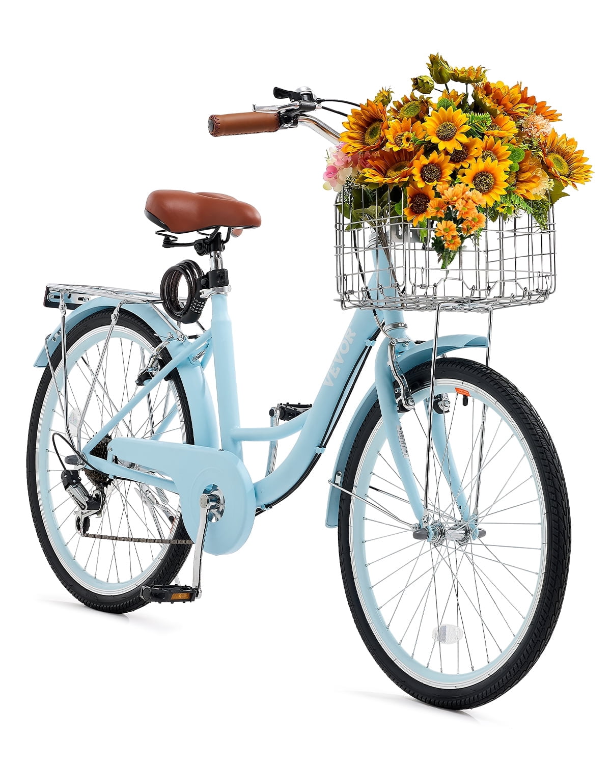 VEVOR 7-Speed Beach Cruiser Bike, 24-Inch Wheel Comfort Bicycle with Basket and Rear Rack (Light Blue, 24 in) f8yng