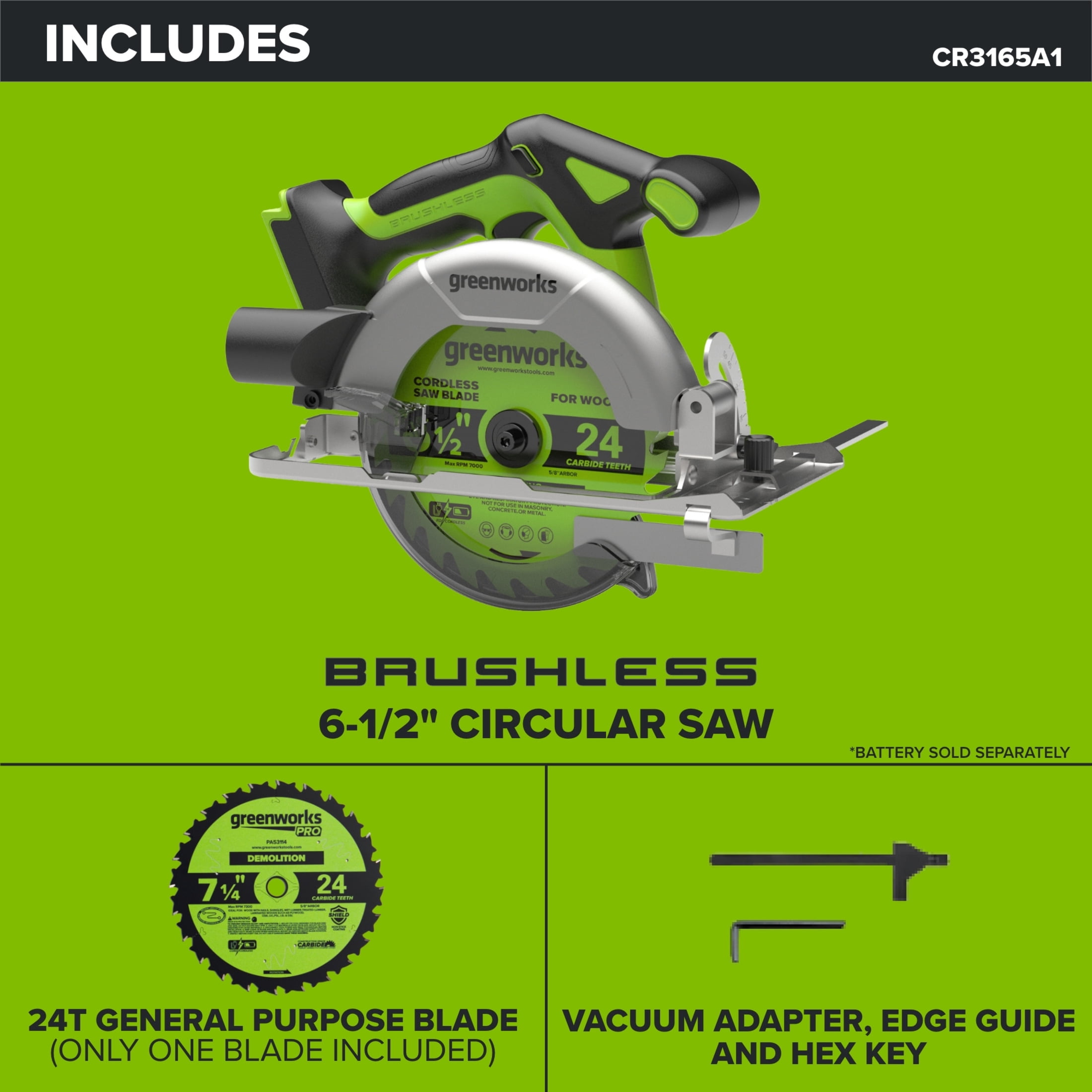 Greenworks PowerAll 24V Brushless 6-1/2 in Circular Saw (5000 RPM, Tool Only) dwp7v