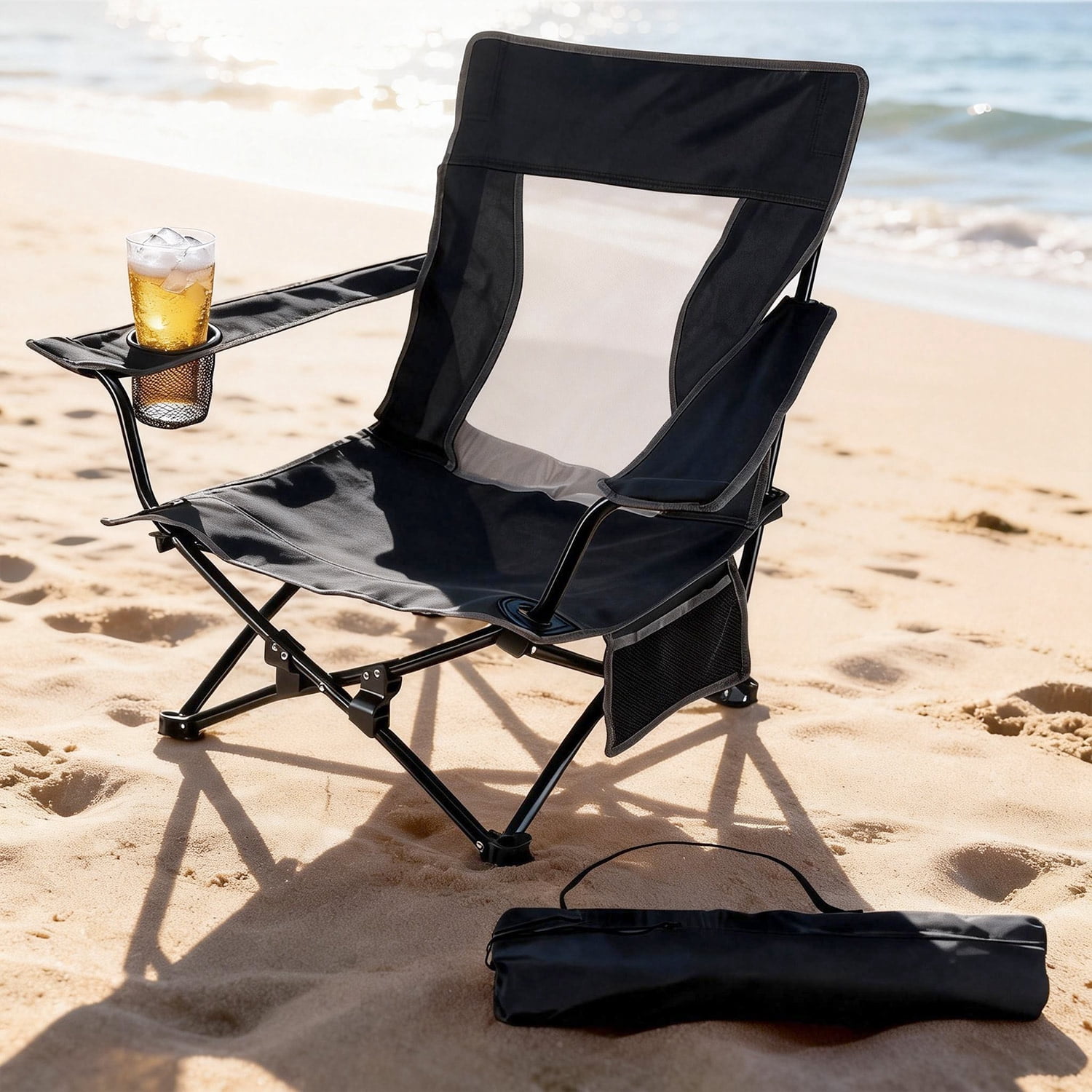 Walchoice Folding Beach Chair for Adults, Heavy Duty Portable Camping Chair with High Back and Cup Holder (Black, 30.7 in Wide) pt18e