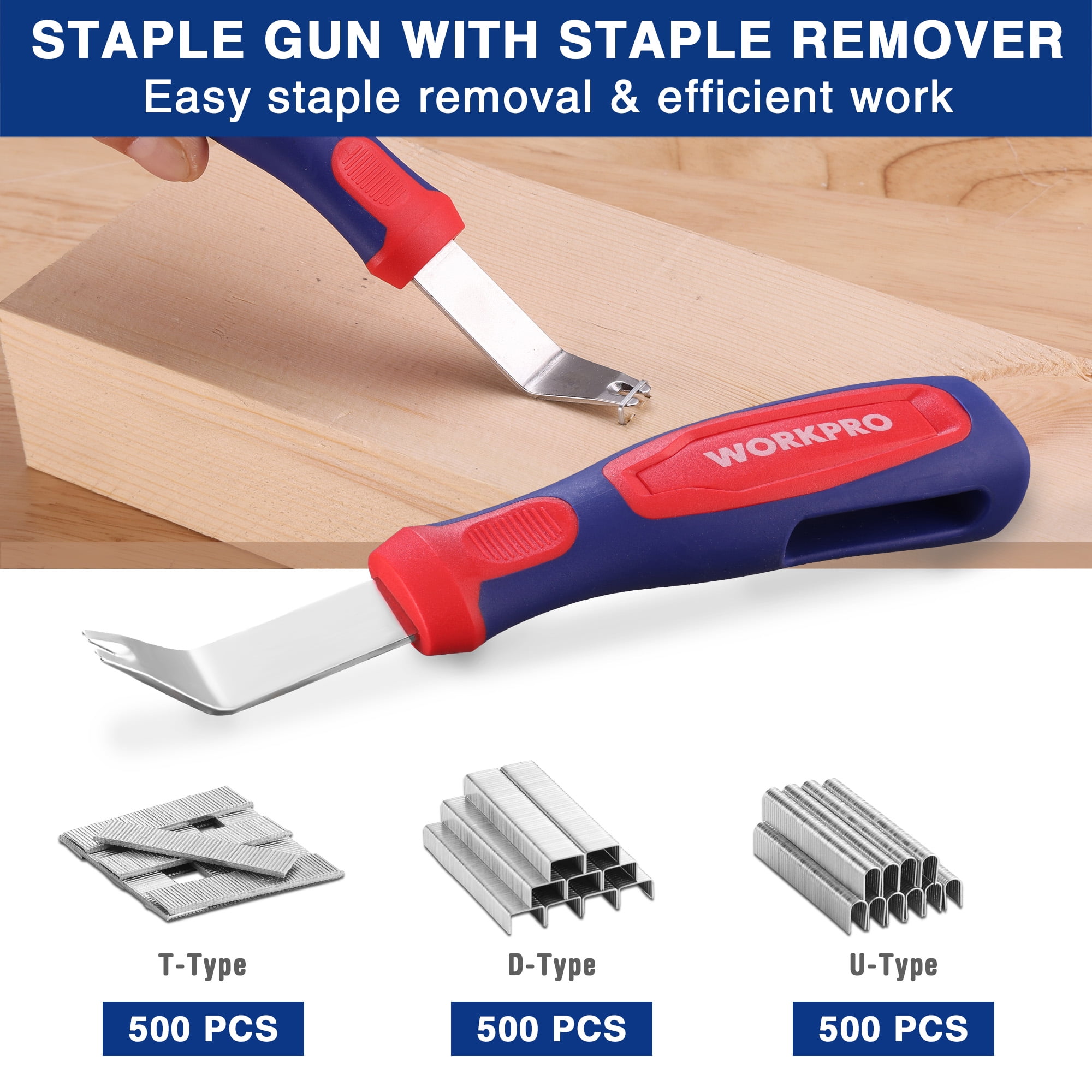 WORKPRO 3-in-1 Heavy Duty Manual Staple Gun Kit with 1500 Staples and Remover (Blue, 1 Kit) u8g9v