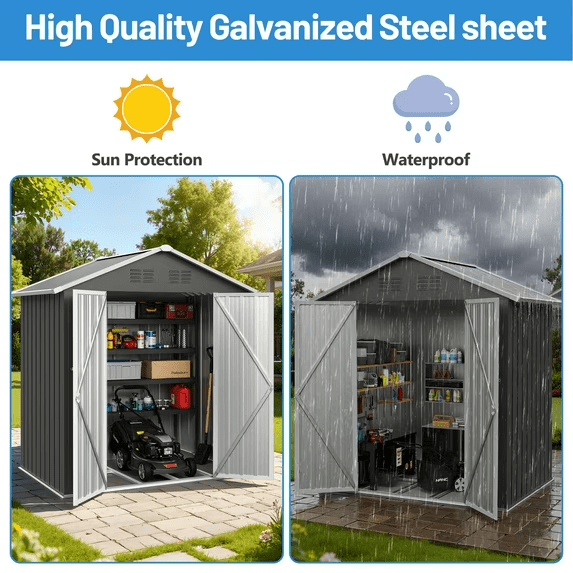 Enyopro Outdoor Storage Shed, Galvanized Metal Garden Tool Shed with Lockable Double Doors and Sloped Roof (Gray, 6 ft x 4 ft) p6ius