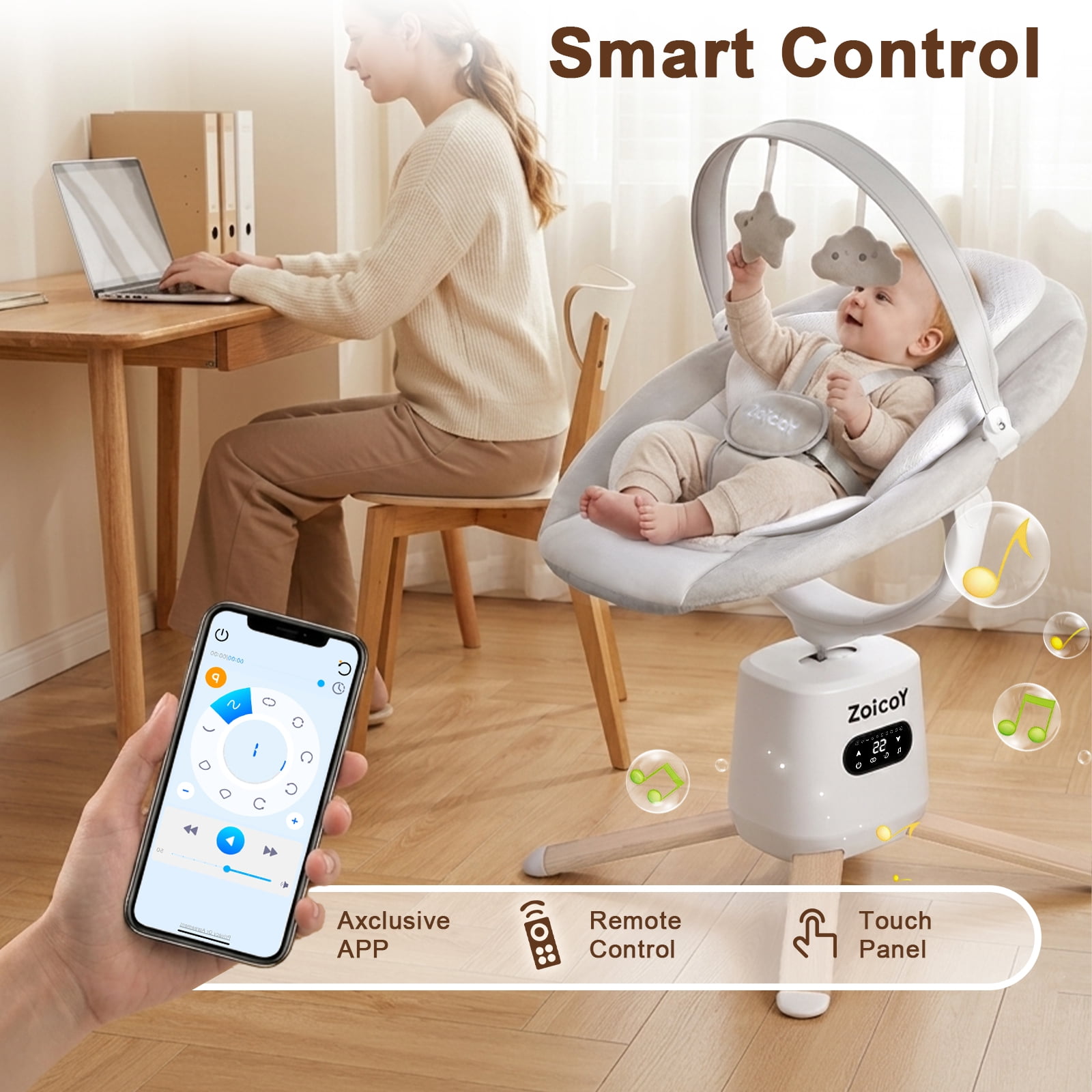 Zoicay Baby Swing, Infant Swing with 8 Motions & 8 Speeds, 360° Rotating Seat, Bluetooth Music & App Control (White, 25 lb Capacity) nq9jz