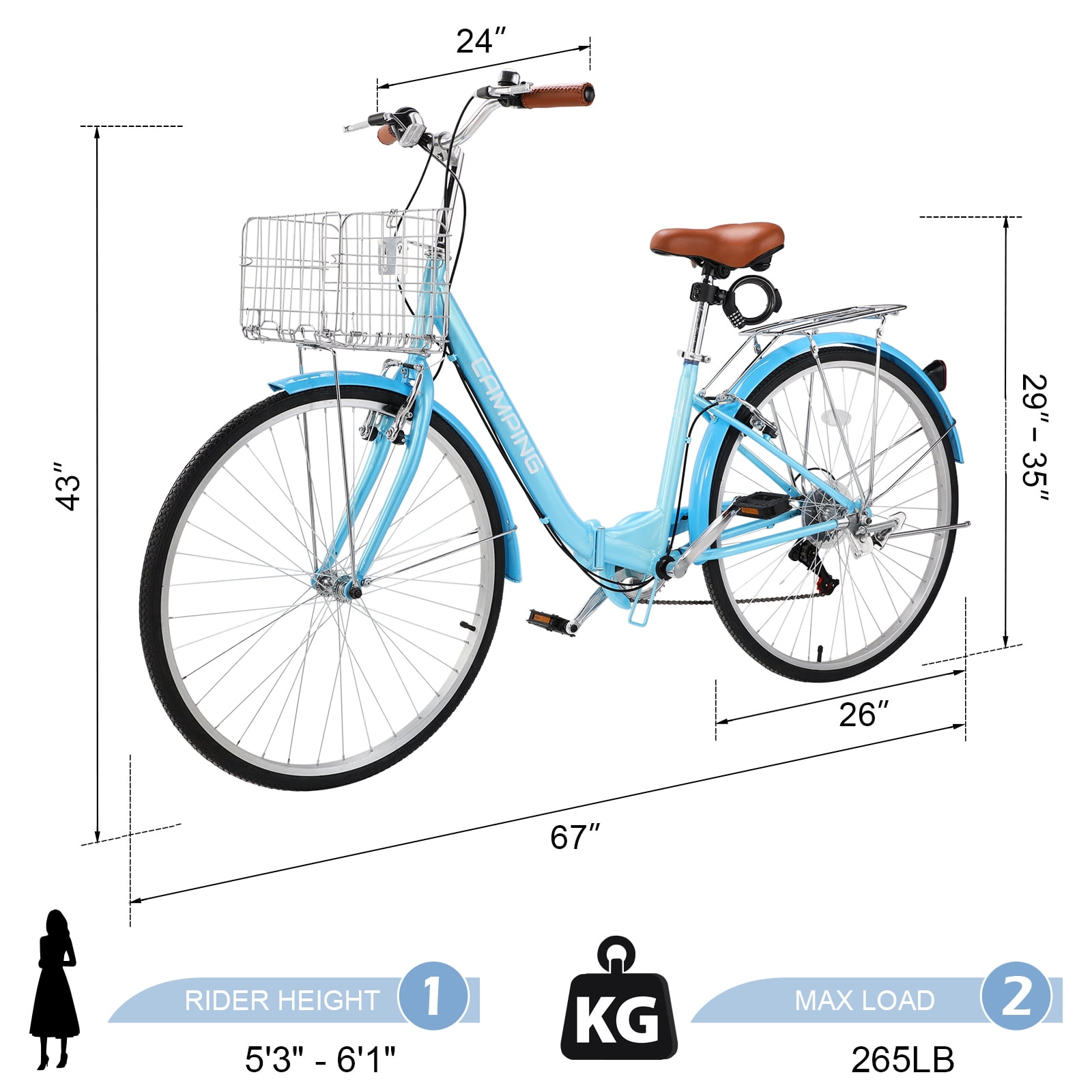 UBesGoo 26in 7-Speed Folding Beach Cruiser Bike, Adjustable Comfort Seat with Dual V-Brakes (Blue, 26 in) i4m4n