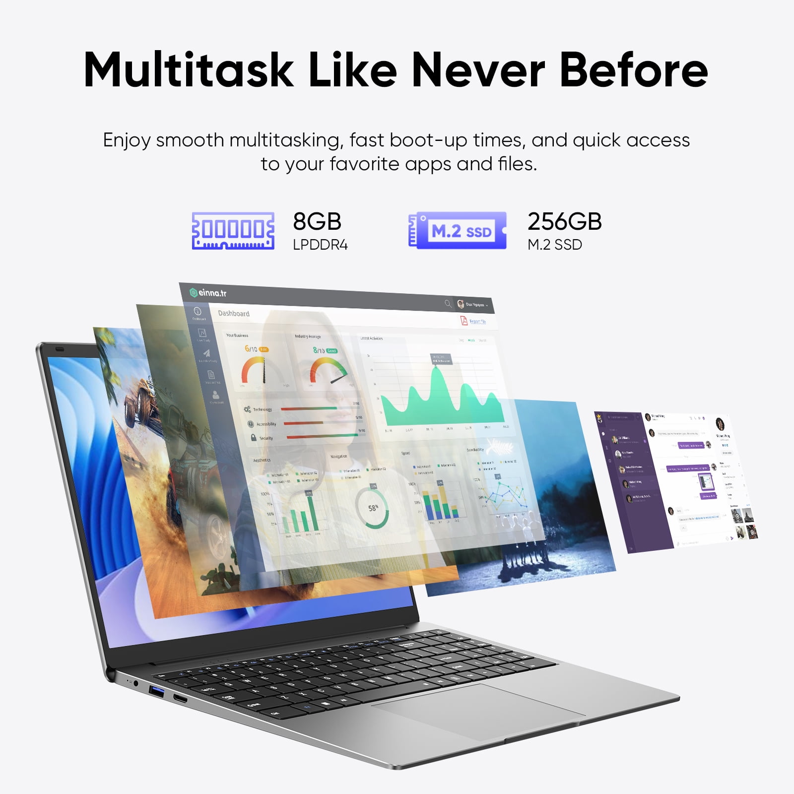 TPV 15.6 in Laptop Computer, Windows 11 Pro Business Notebook, 8GB RAM, 256GB SSD, Intel Celeron N4000, Full HD Display (15.6 in) w75q3