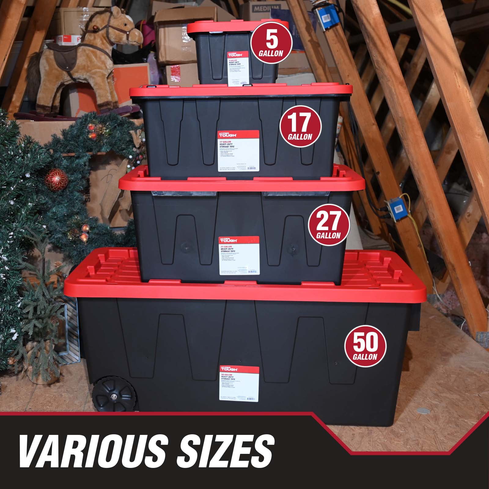 Hyper Tough 27 Gallon Heavy Duty Plastic Storage Bin with Snap-Fit Lid (Black and Red, 27 Gallon) 1y8o4