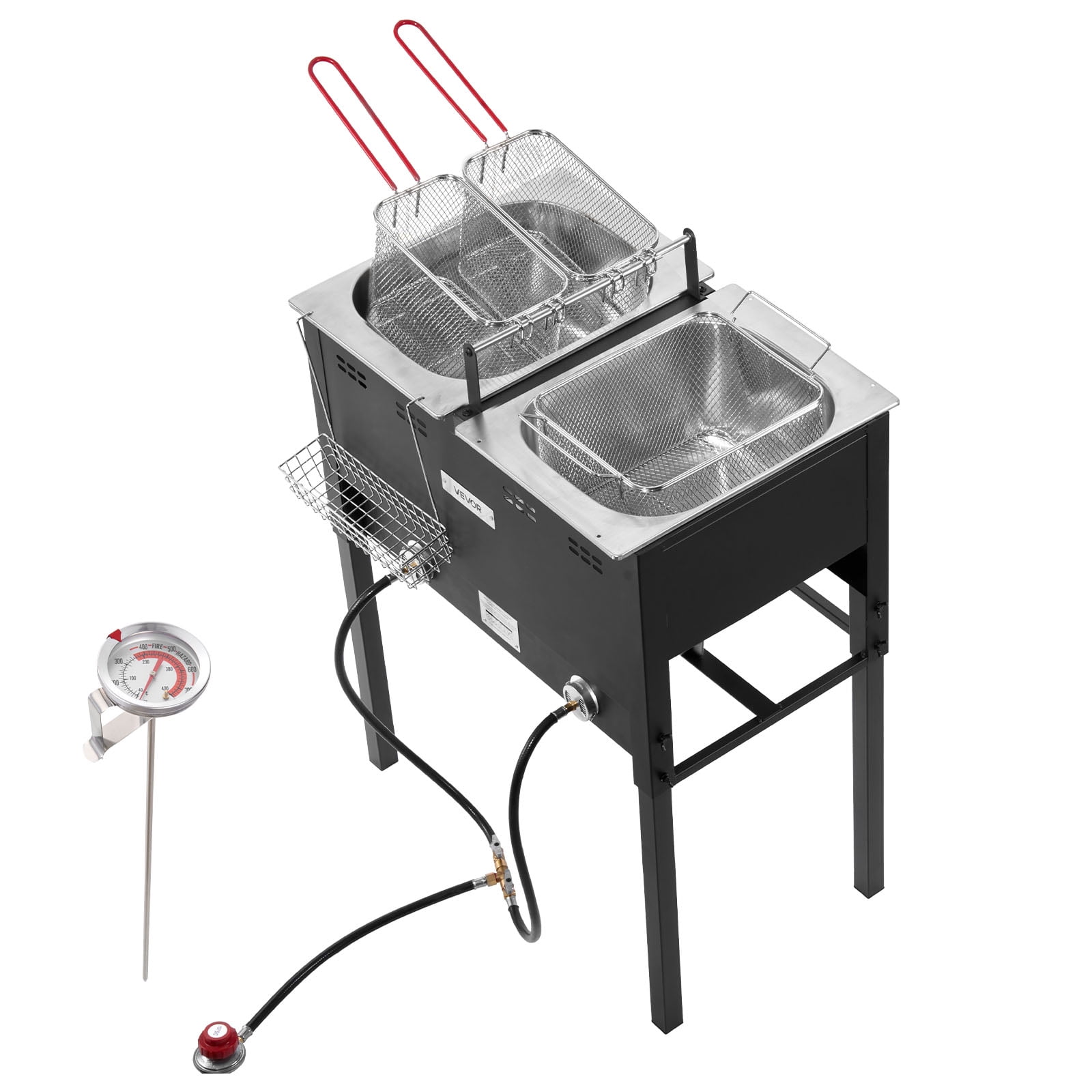 VEVOR Outdoor Propane Deep Fryer, Dual-Tank Commercial Fish Cooker with 3 Baskets and Thermometer (Black, 32 QT) kfzyn