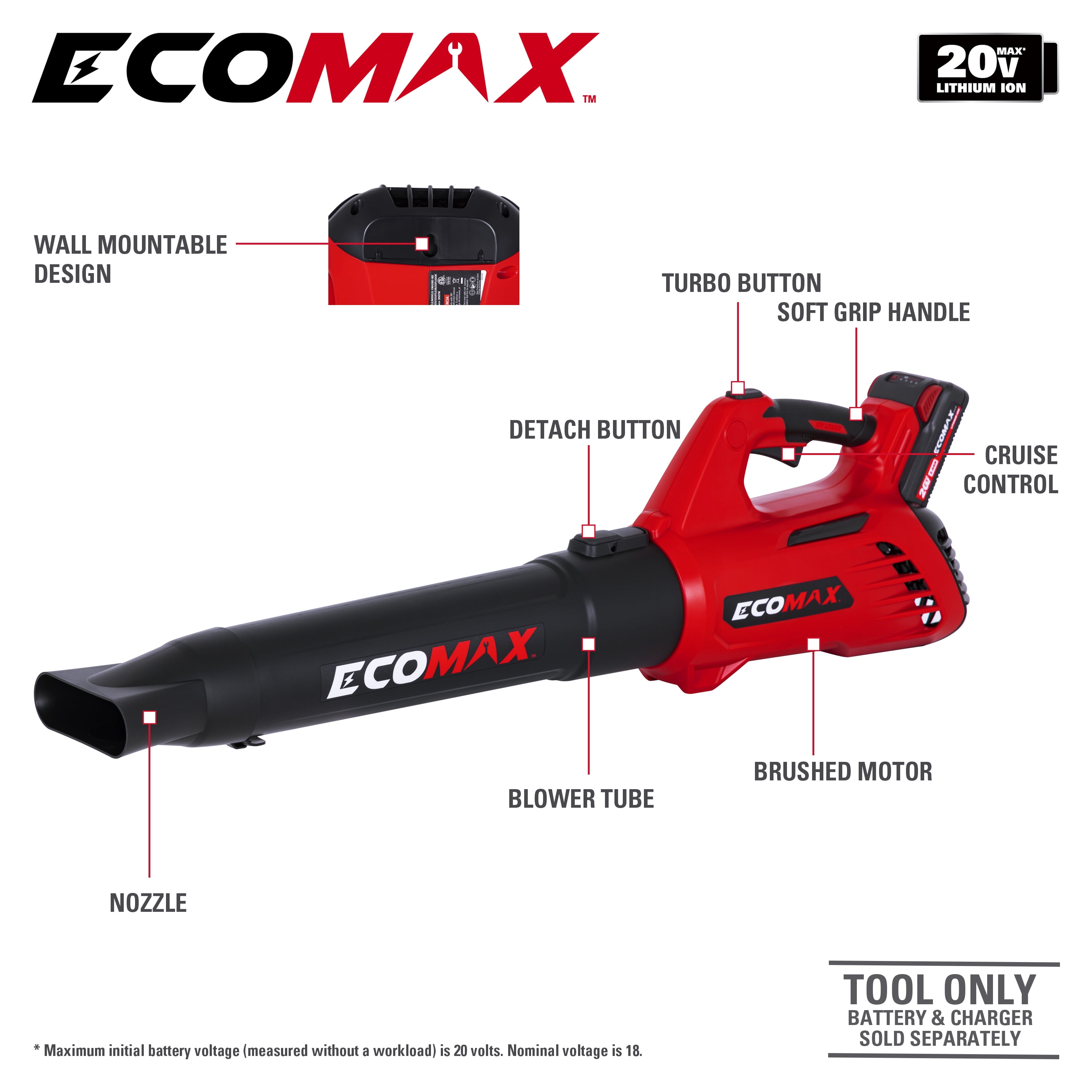 Ecomax 20V Cordless Leaf Blower with 2.0Ah Battery and Charger (365 CFM, 87 MPH) 59sjt