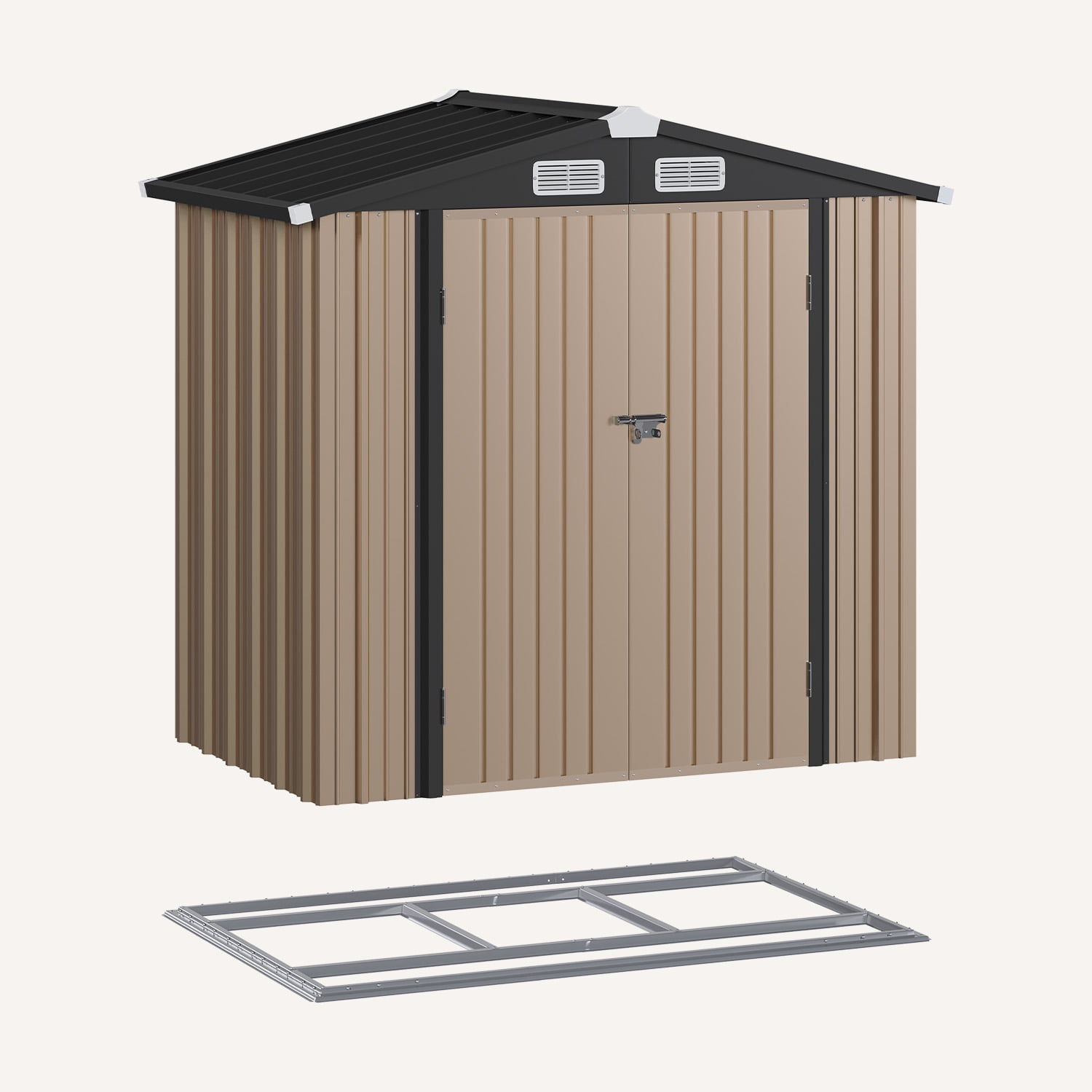 BaPiPro Outdoor Storage Shed, Heavy-Duty Galvanized Steel Garden Tool Shed with Integrated Base and Locking Doors (Brown, 79 in x 50 in x 74 in) qsn8v