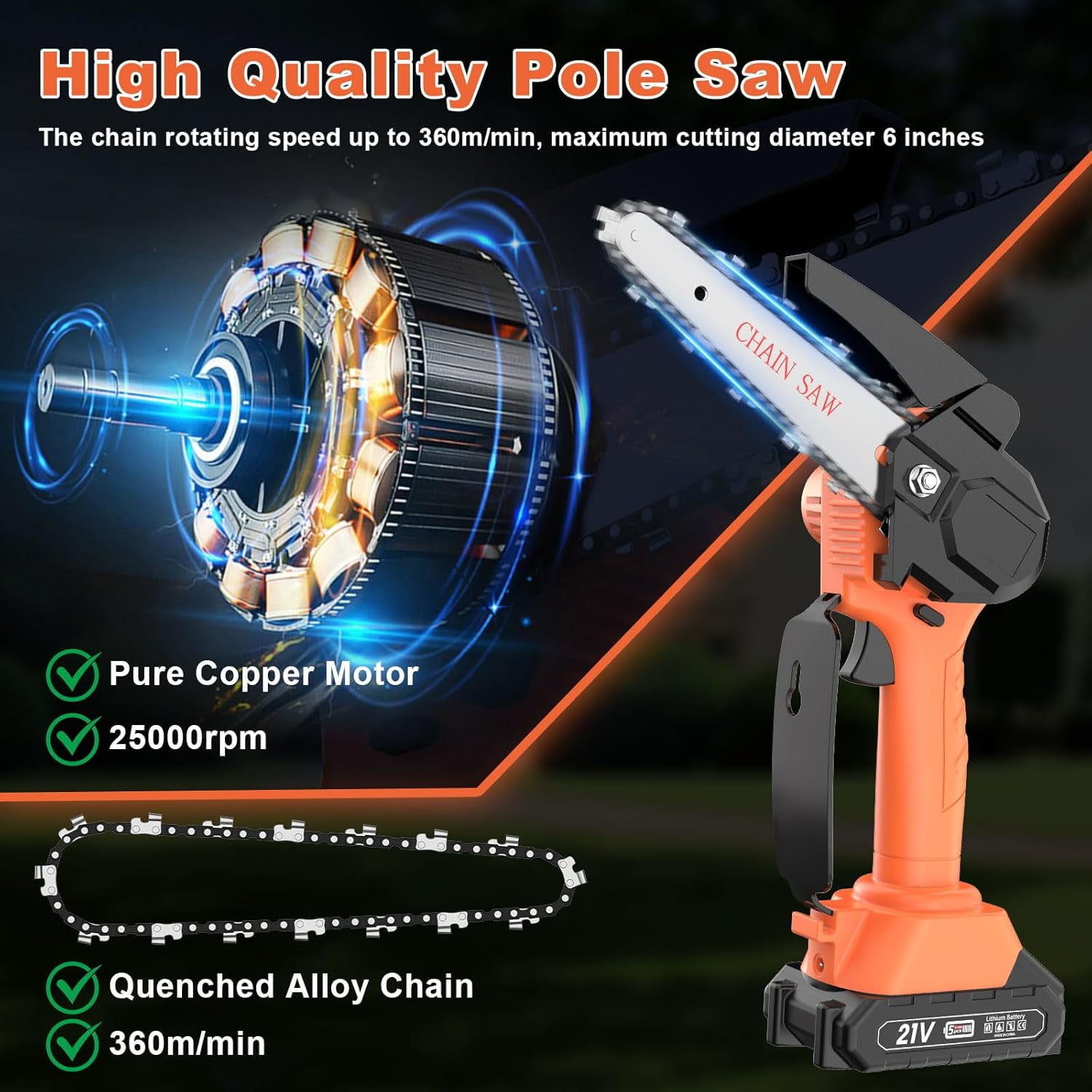 LEXKUYI Cordless Pole Saw and Mini Chainsaw 2-in-1 Electric Tree Trimmer (Black, 6 ft) ma5ut