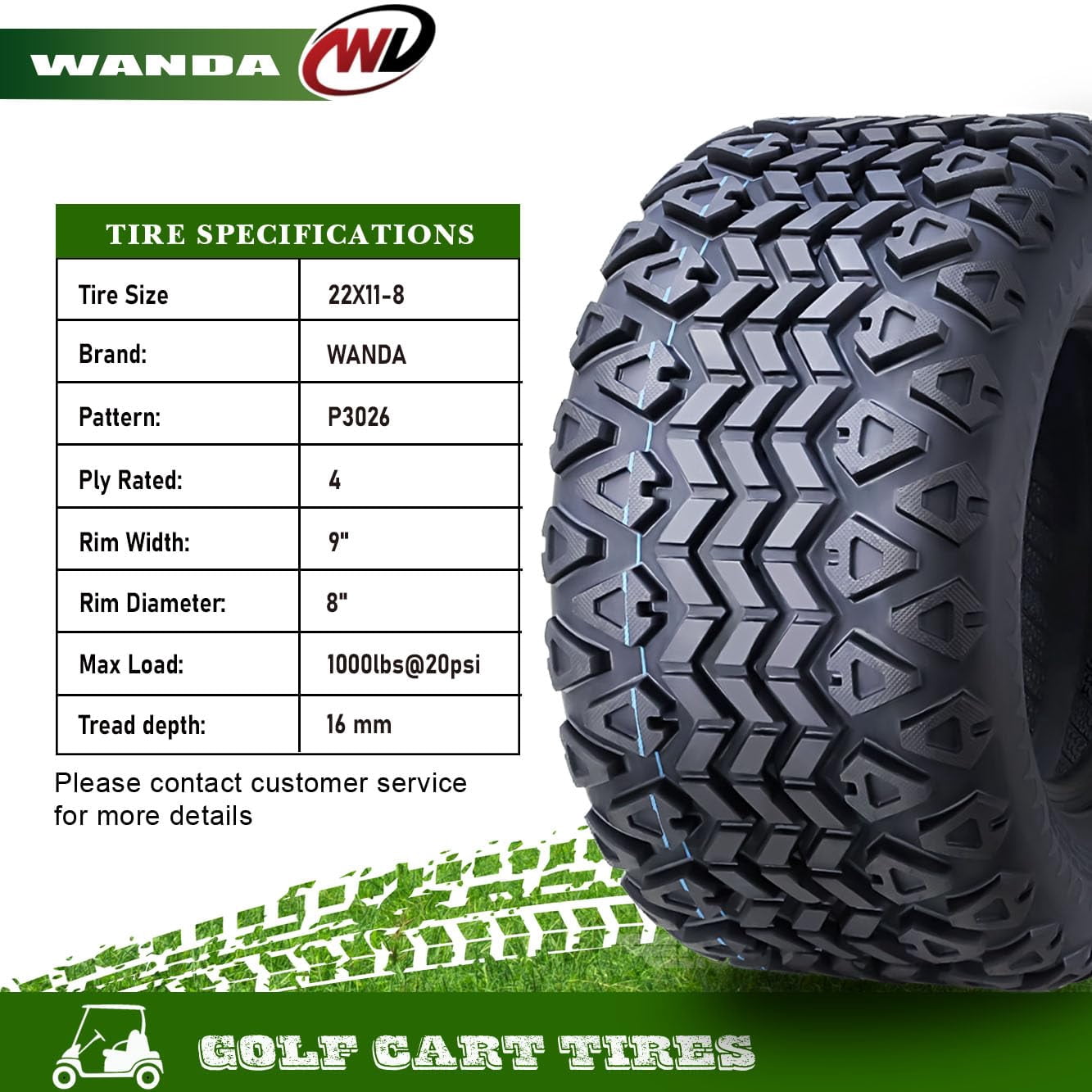 WANDA Golf Cart ATV Tires 22x11-8 4-Ply All-Terrain Replacement (Set of 2) 86mhi