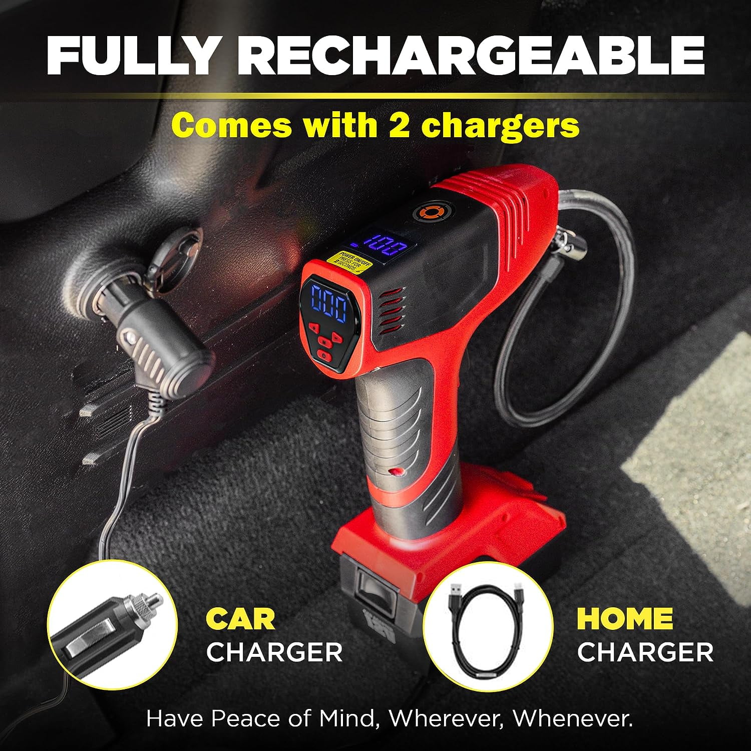 Bullseye Pro Portable Tire Inflator 150 PSI Electric Air Compressor (Red, 18 in Hose) c0k35