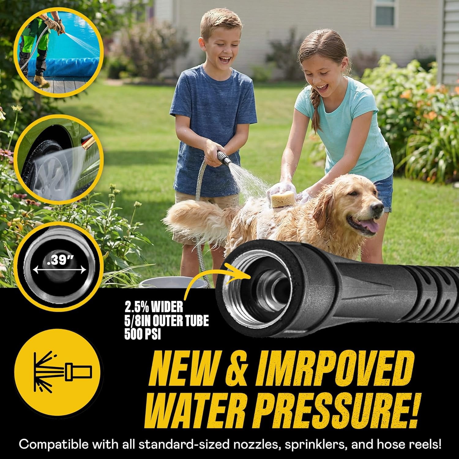 Bionic Steel Stainless Steel Garden Hose with Sprayer Nozzle, Heavy Duty Kink-Free Flexible Water Hose (Silver, 100 ft x 0.625 in) xeoks