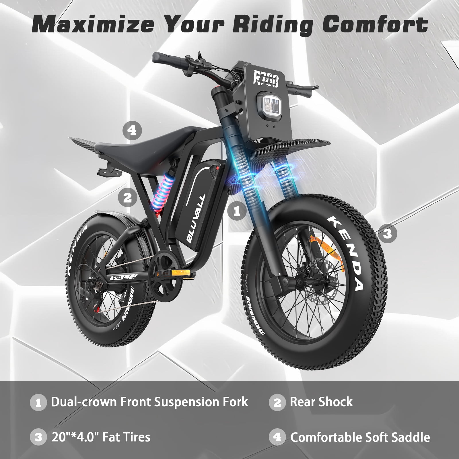 Bluvall 3000W Electric Dirt Bike, All-Terrain Fat Tire E-Motorcycle, Full Suspension & Hydraulic Brakes (Black, 20 in) 7y1ky