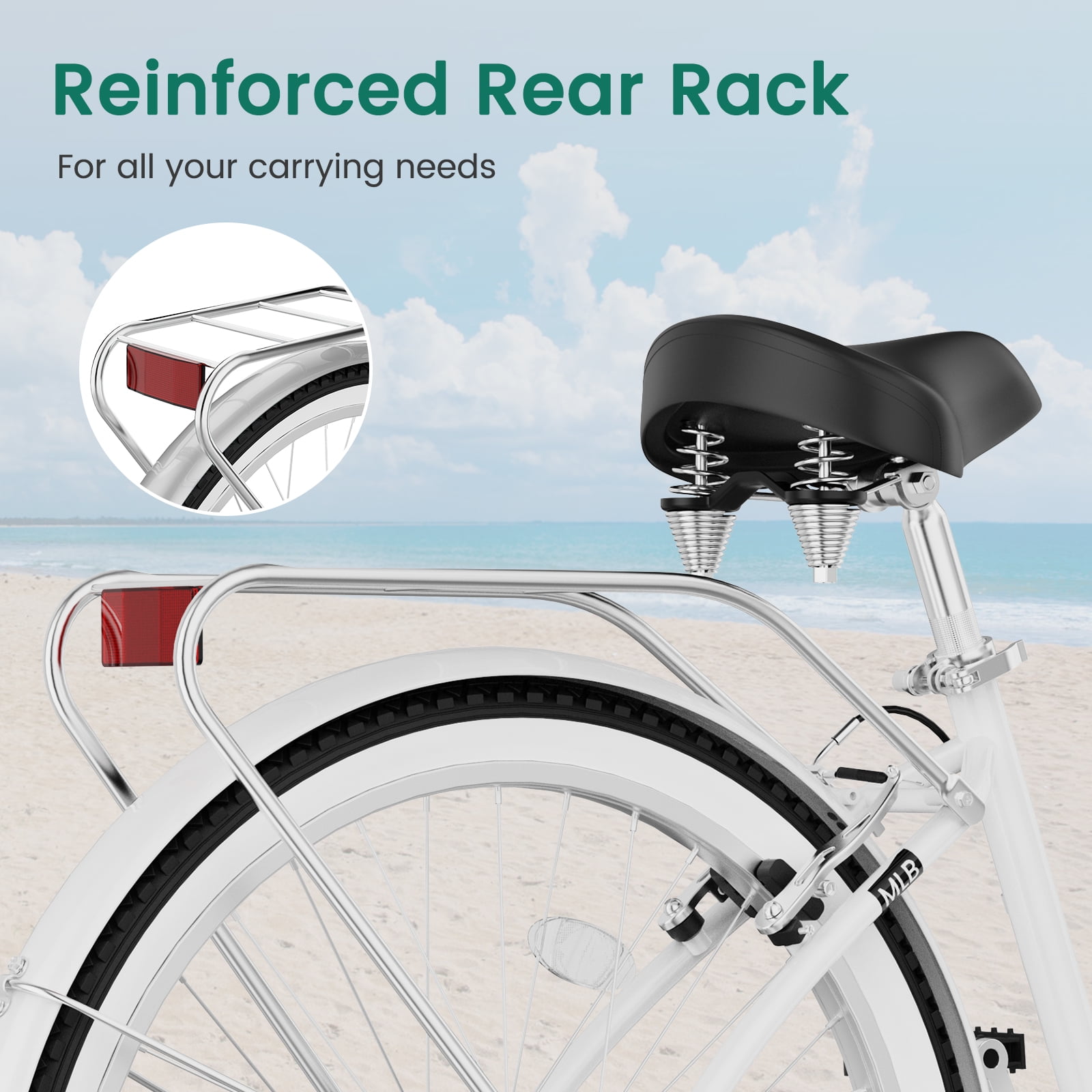 MOONCOOL 7-Speed Beach Cruiser Bike, Step-Through Frame Commuter Bicycle with Cargo Rack (White, 26 in) 89y2i