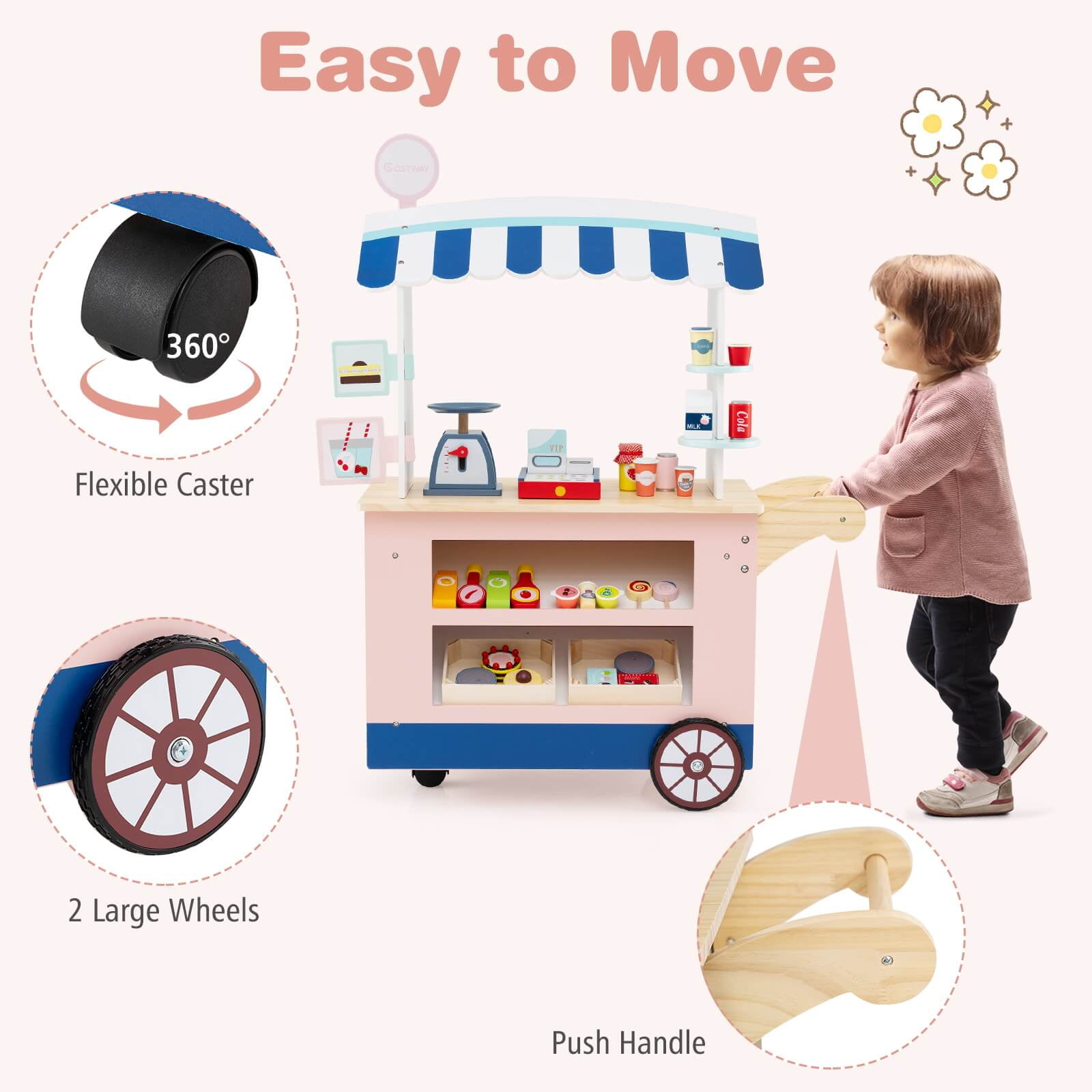 Costway Kids Snacks and Sweets Food Cart Play Set with 30 Accessories (Pink, 30 Piece Set) v72kq