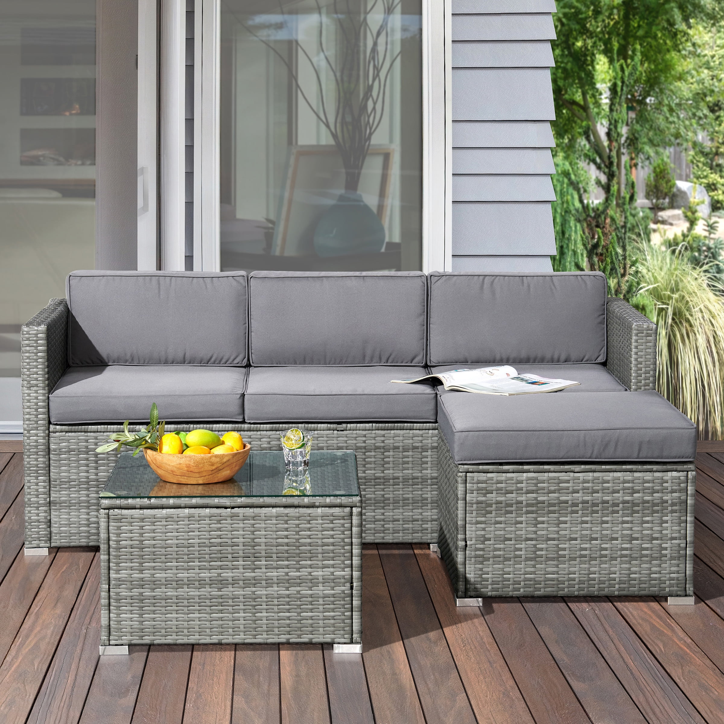 Lavish Home 3-Piece Cushioned Rattan Sectional Sofa Outdoor Patio Furniture Set (Gray, 70.25 in x 27 in x 25.75 in) o1hi6