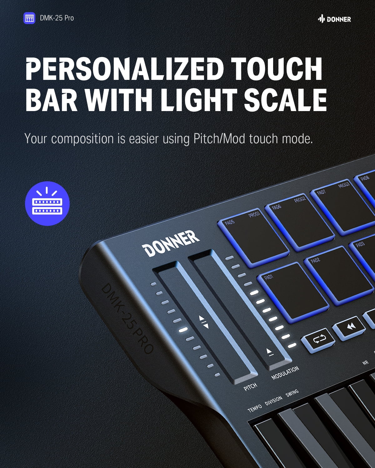Donner DMK 25 Pro MIDI Keyboard Controller, 25-Key Portable Music Production Keyboard with 8 Backlit Drum Pads and OLED Display (Black) ji1uk