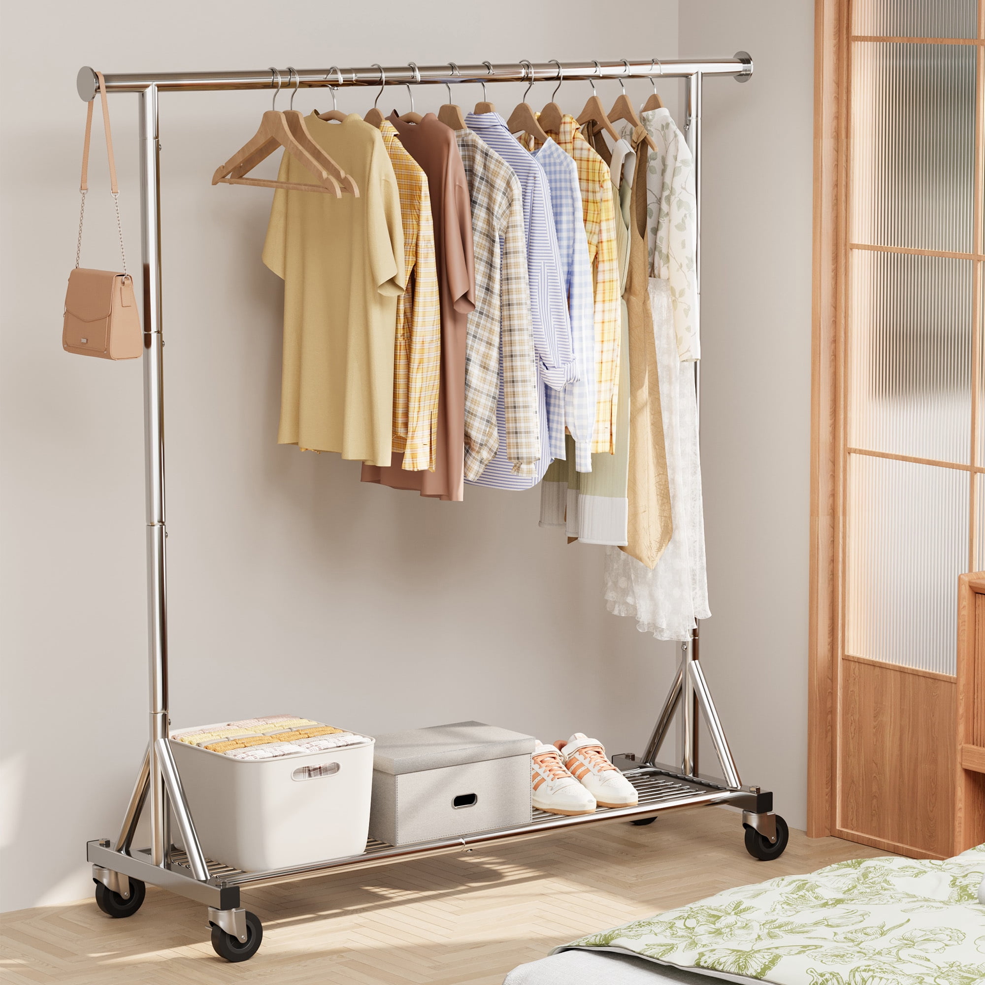 Mr IRONSTONE Heavy Duty Rolling Garment Rack, Metal Closet Organizer with Lockable Wheels and Bottom Shelf (Silver, 47 in x 17 in x 63 in) xb3xi
