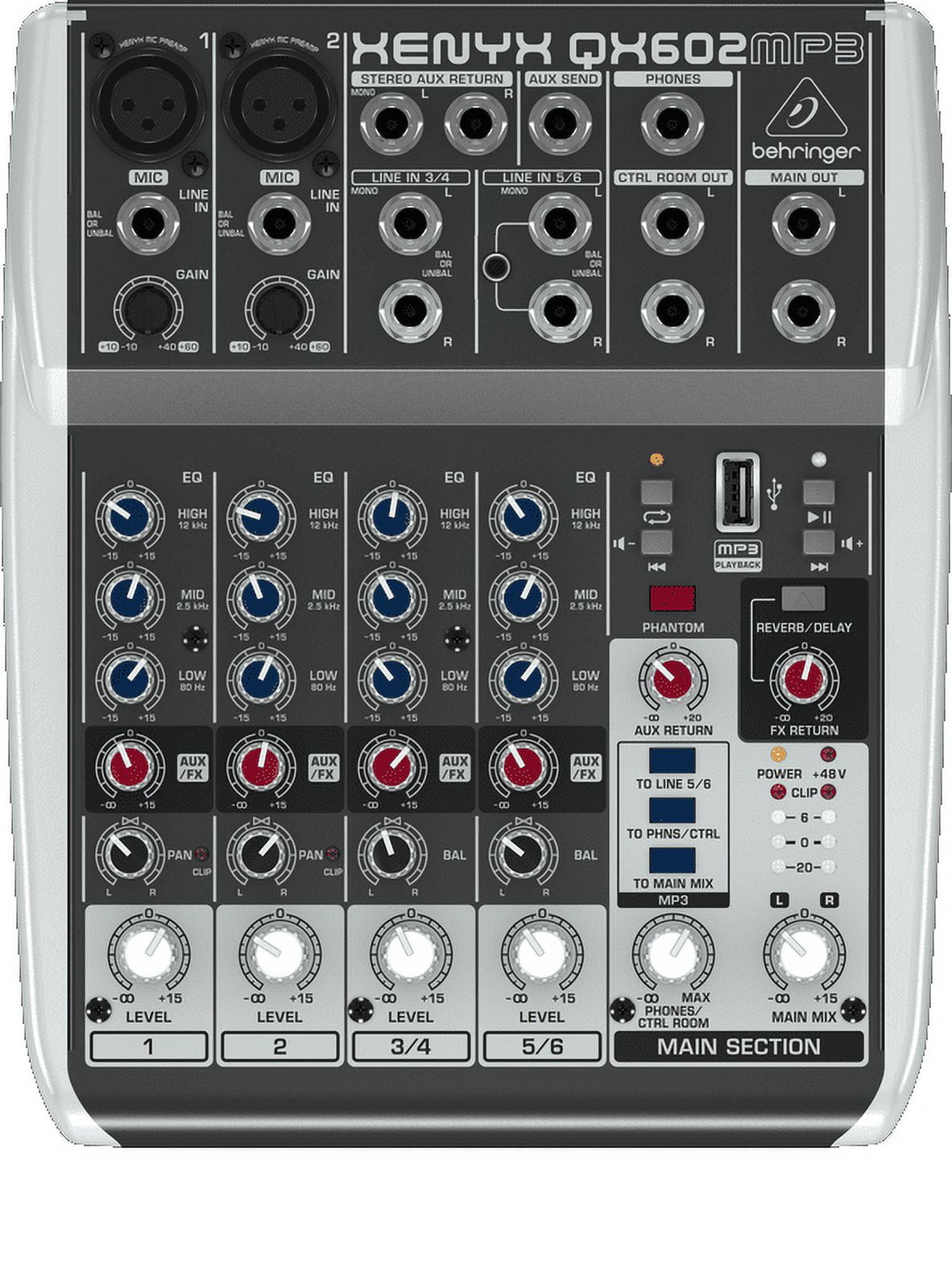 Behringer XENYX QX602MP3 Premium 6-Input 2-Bus Mixer with Mic Preamps and Multi-FX (Black, 1 Unit) y9m41