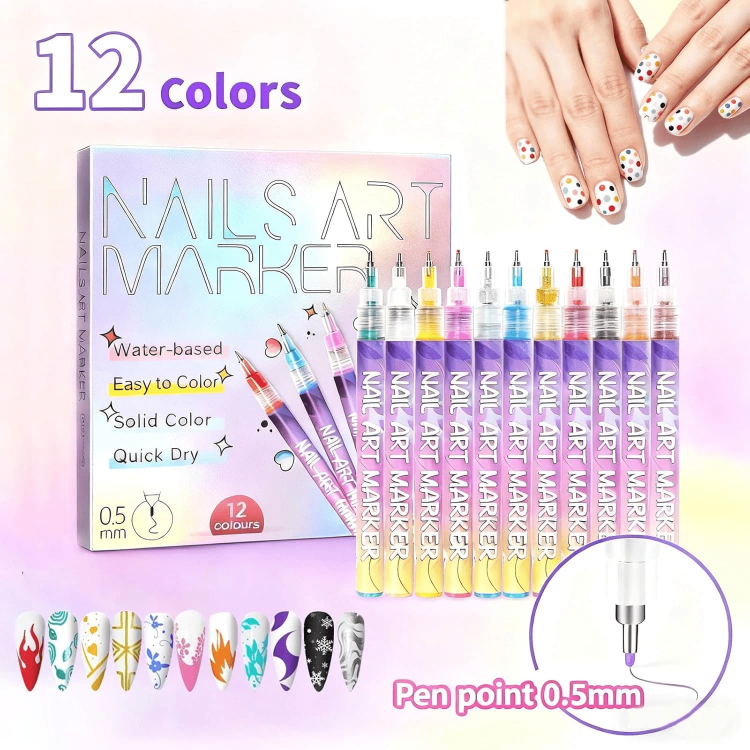 ASOVNXF Nail Art Pens Set, Precision Fine Tip Markers for DIY Manicure Designs (12 Colors, 0.5mm Point) ktjjd