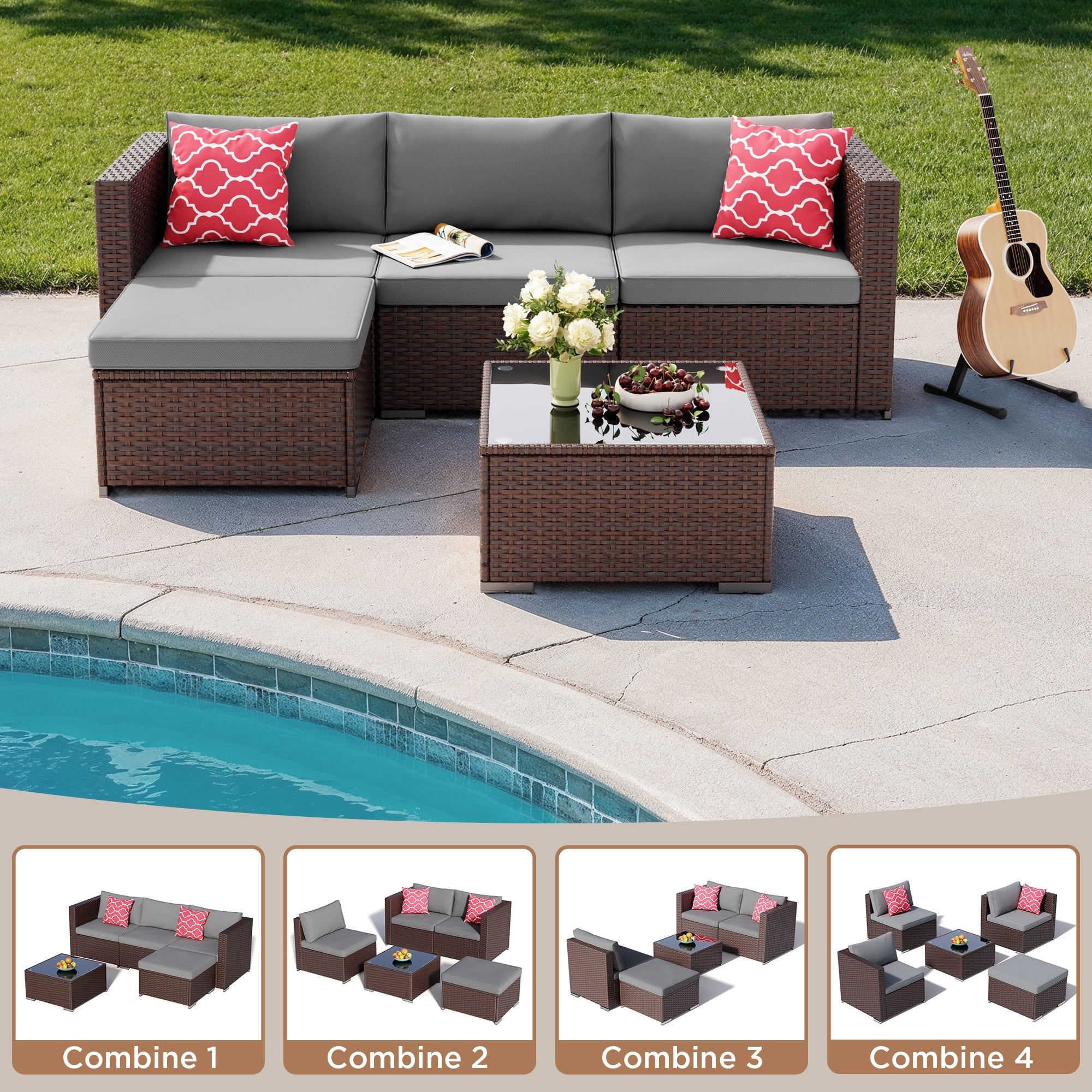 Noelse 5-Piece Wicker Patio Furniture Set, Outdoor Sectional Conversation Sofa with Coffee Table (Gray, 80 in W x 52 in D x 25 in H) 8y75x