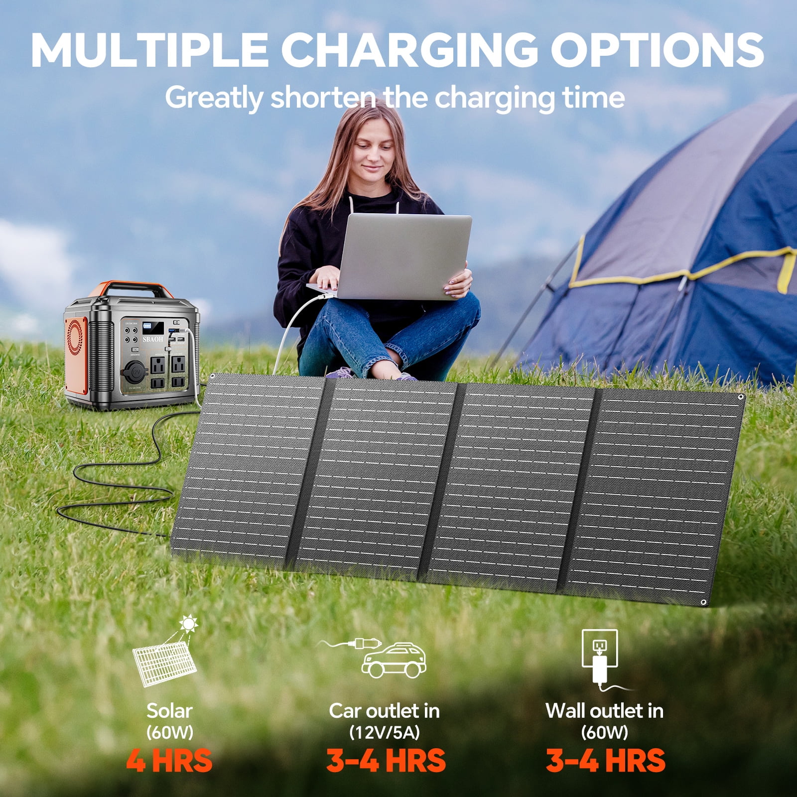 SBAOH 300W Portable Power Station Solar Generator with Solar Panel, Lithium Battery Backup for Outdoor Camping and Home Emergency (Black, 296Wh) pbbzg
